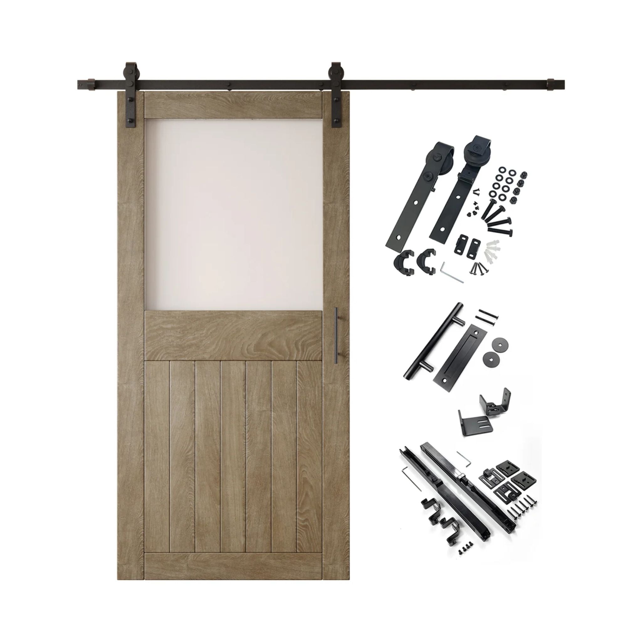 Classic gray half-lite barn door kit with wooden door, hardware, and components on a white background