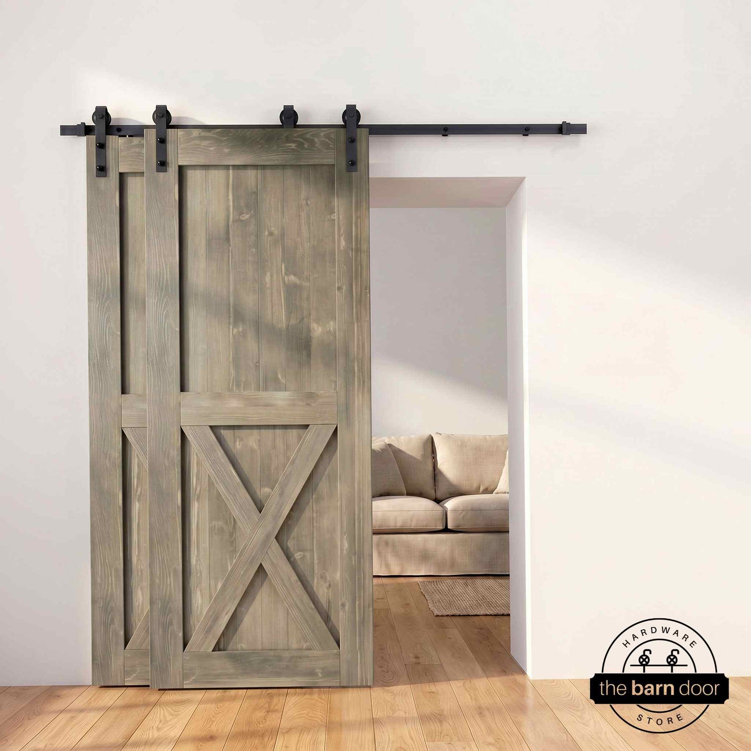 Half-X barn door in classic gray finish with matte black single bypass sliding hardware