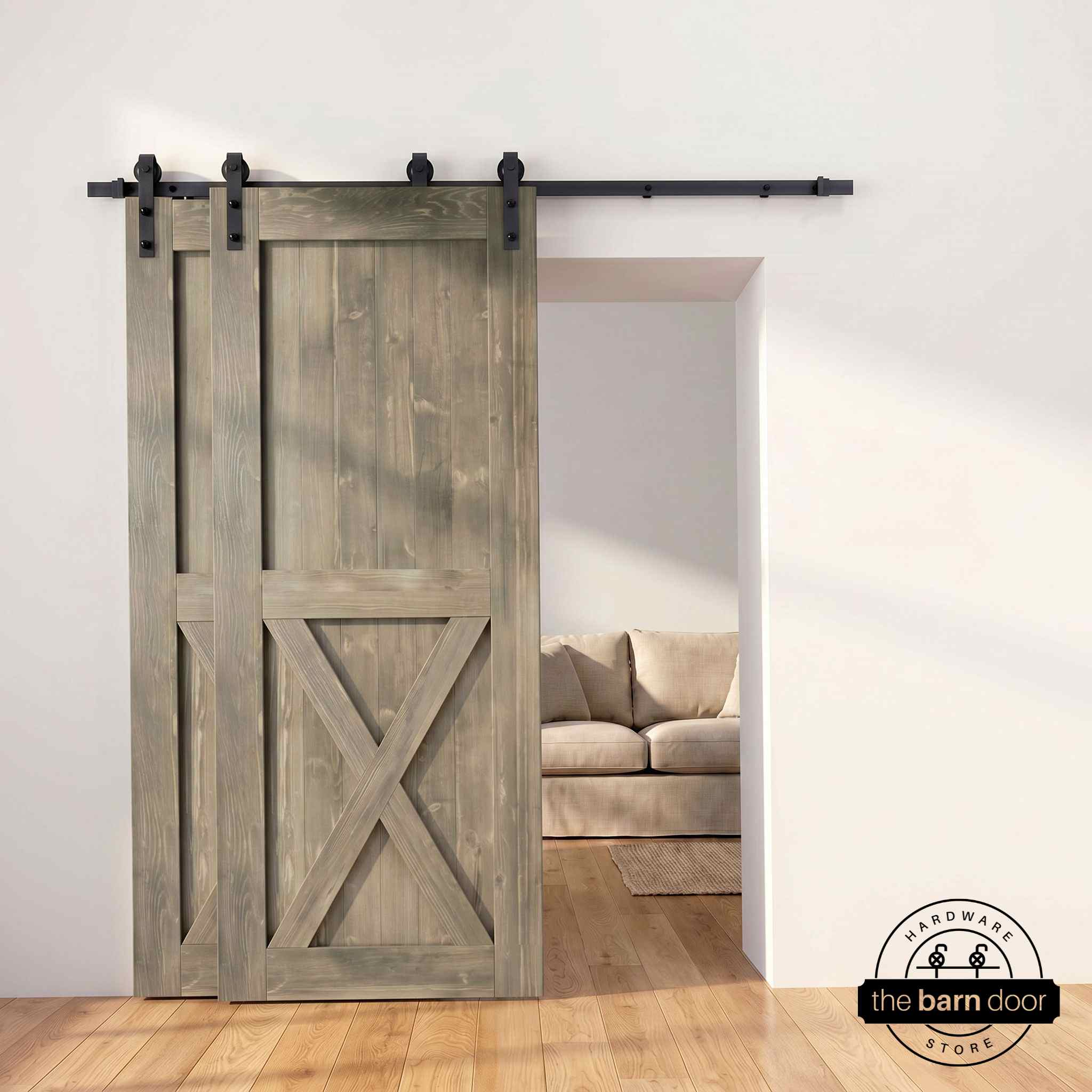 Half-X barn door in classic gray finish with matte black single bypass sliding hardware
