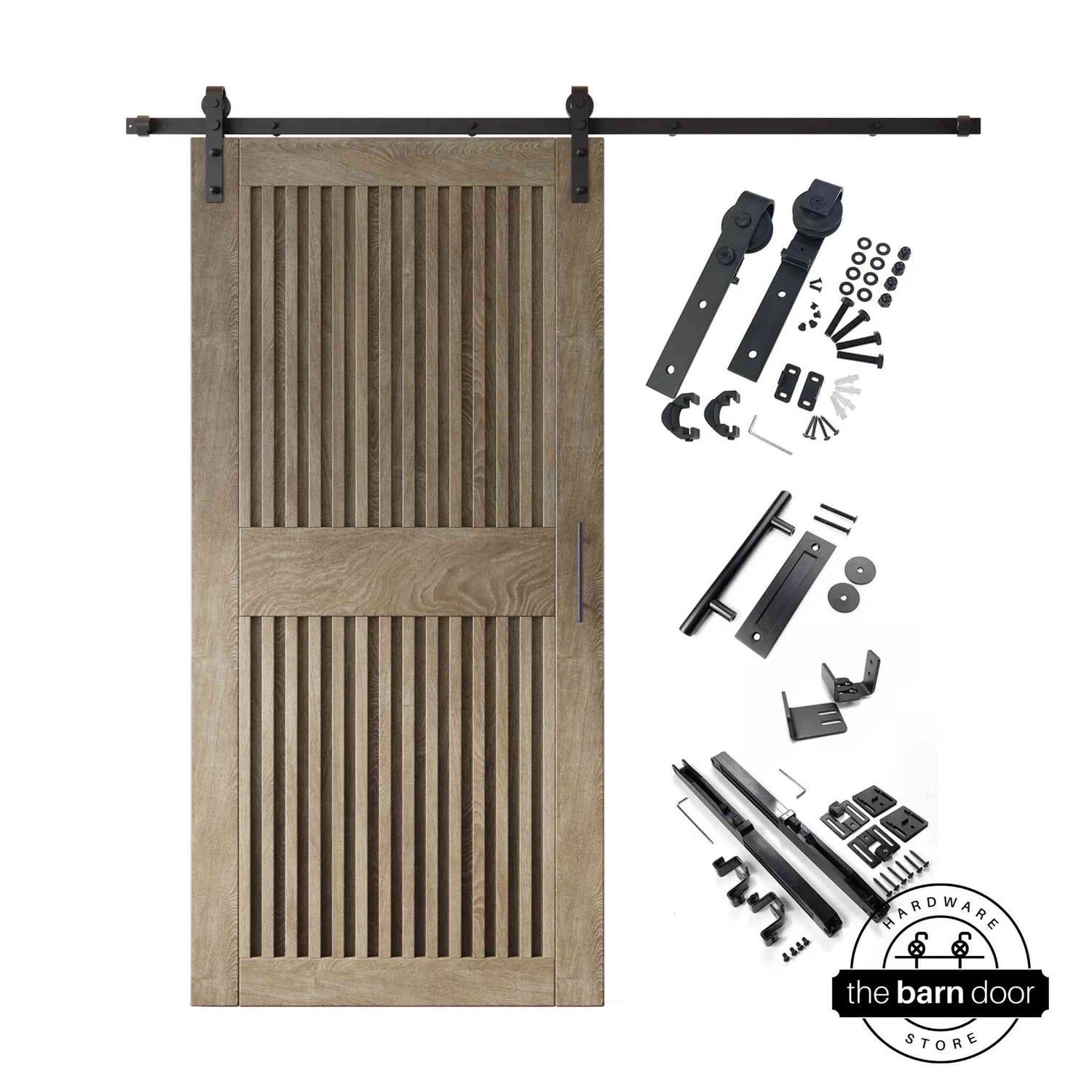 Classic gray barn door kit with wooden door, hardware, and installation parts on a white background