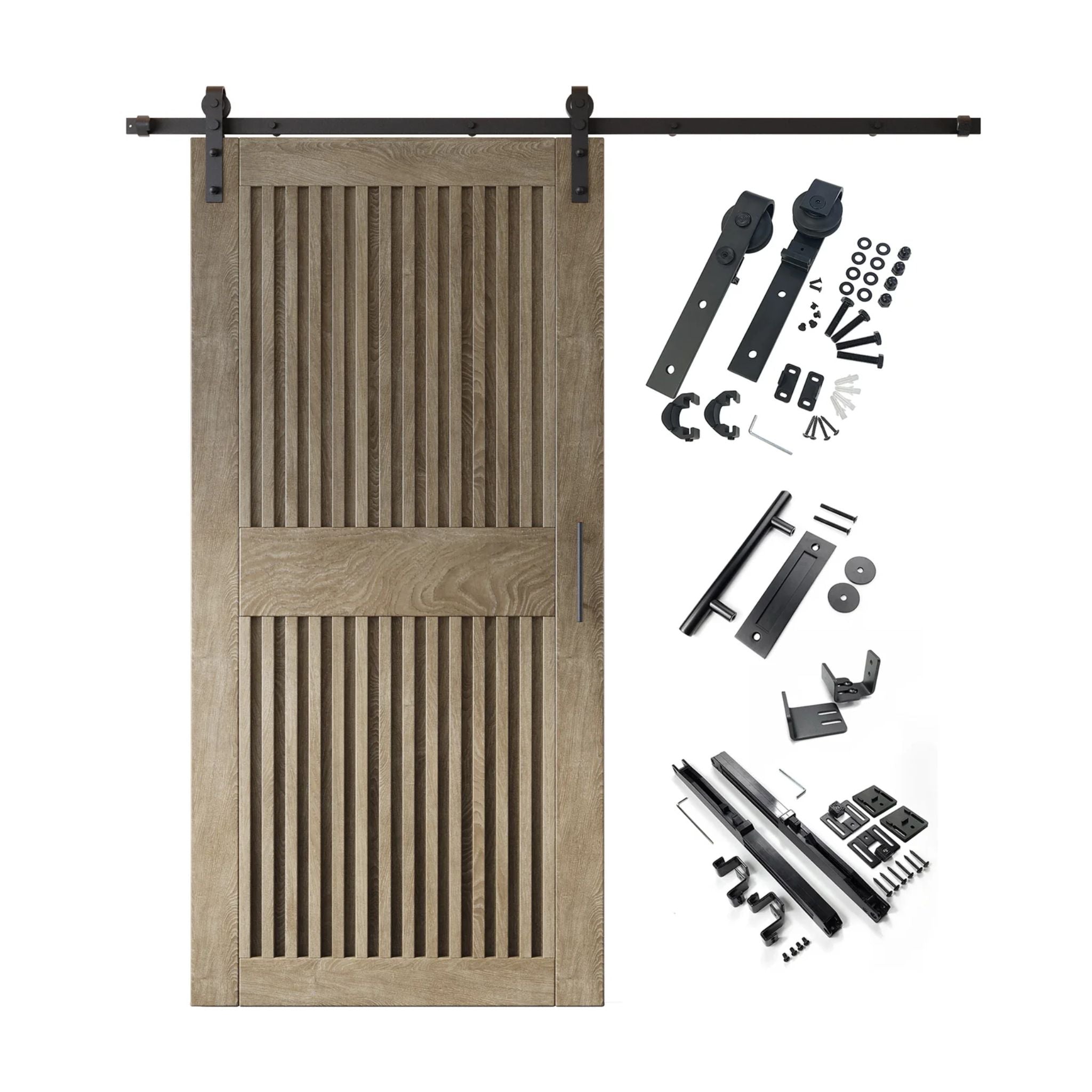 Classic gray barn door kit with wooden door, hardware, and installation parts on a white background