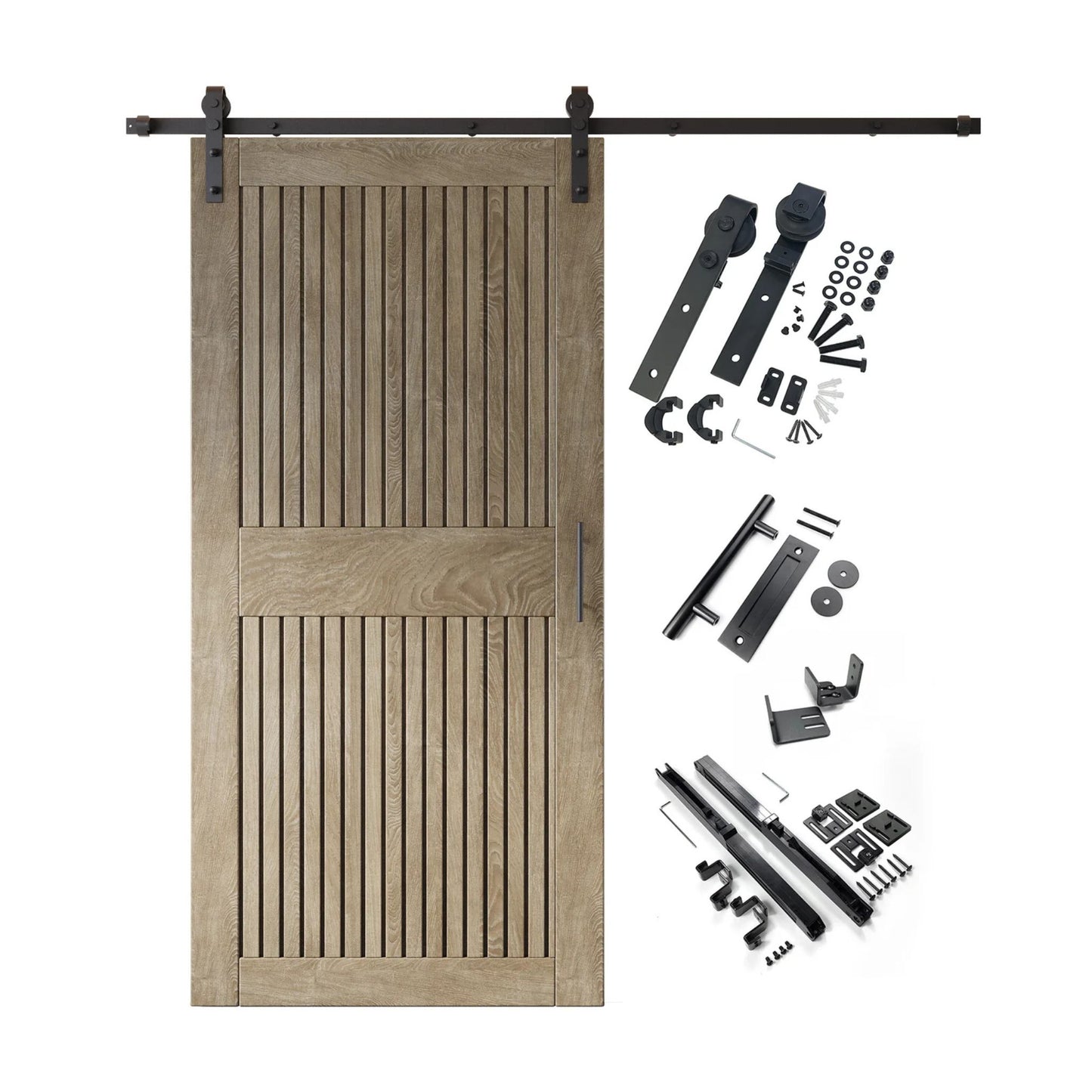 A complete barn door hardware kit featuring a classic gray vertical plank barn door with a horizontal middle rail, black sliding track, rollers, handle, and all mounting components displayed next to the door.