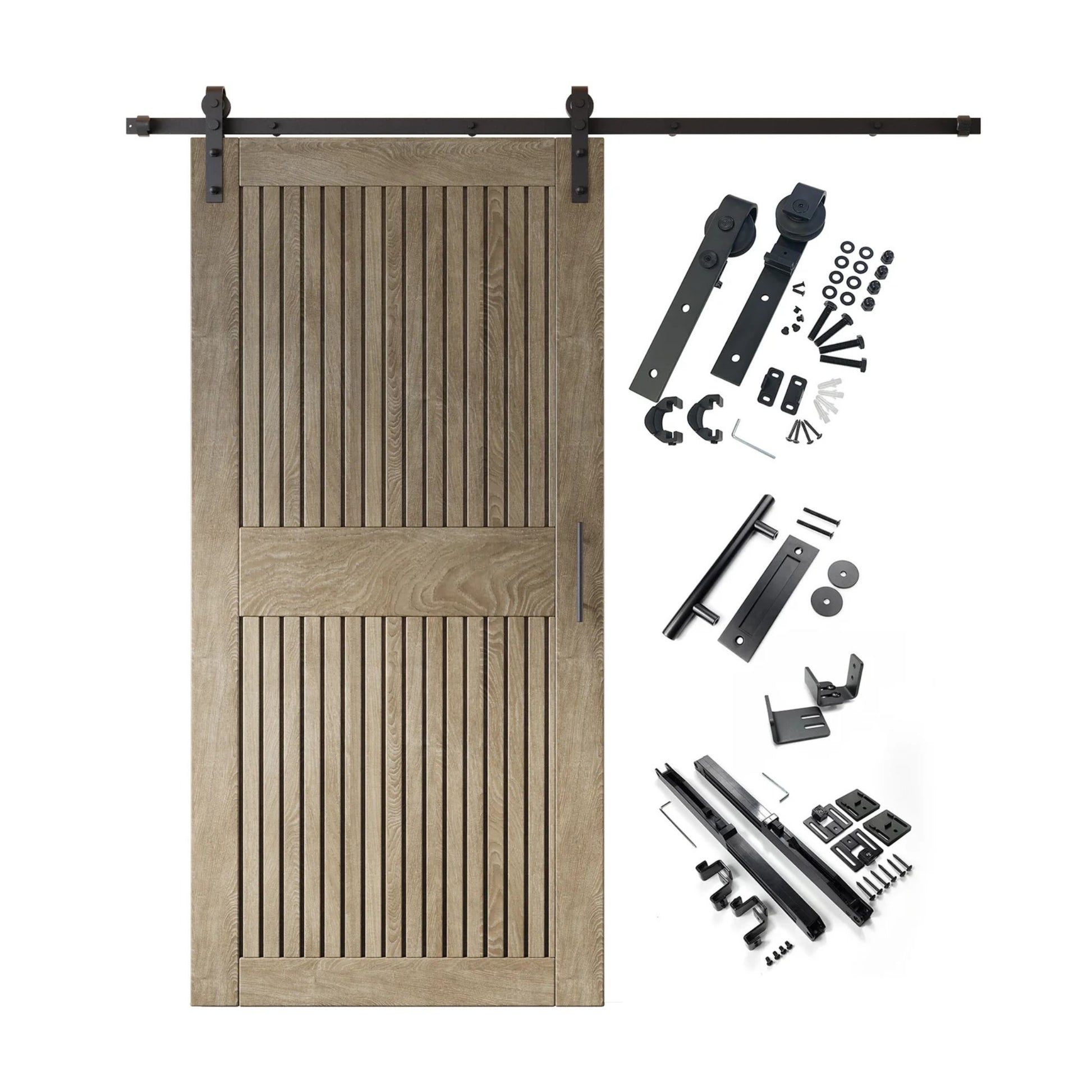 A complete barn door hardware kit featuring a classic gray vertical plank barn door with a horizontal middle rail, black sliding track, rollers, handle, and all mounting components displayed next to the door.