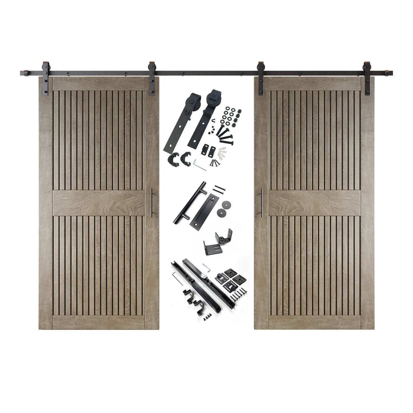 A complete double barn door kit featuring two classic gray-stained vertical slat doors with horizontal middle rails, black sliding track, rollers, handles, and all mounting components displayed in the center.