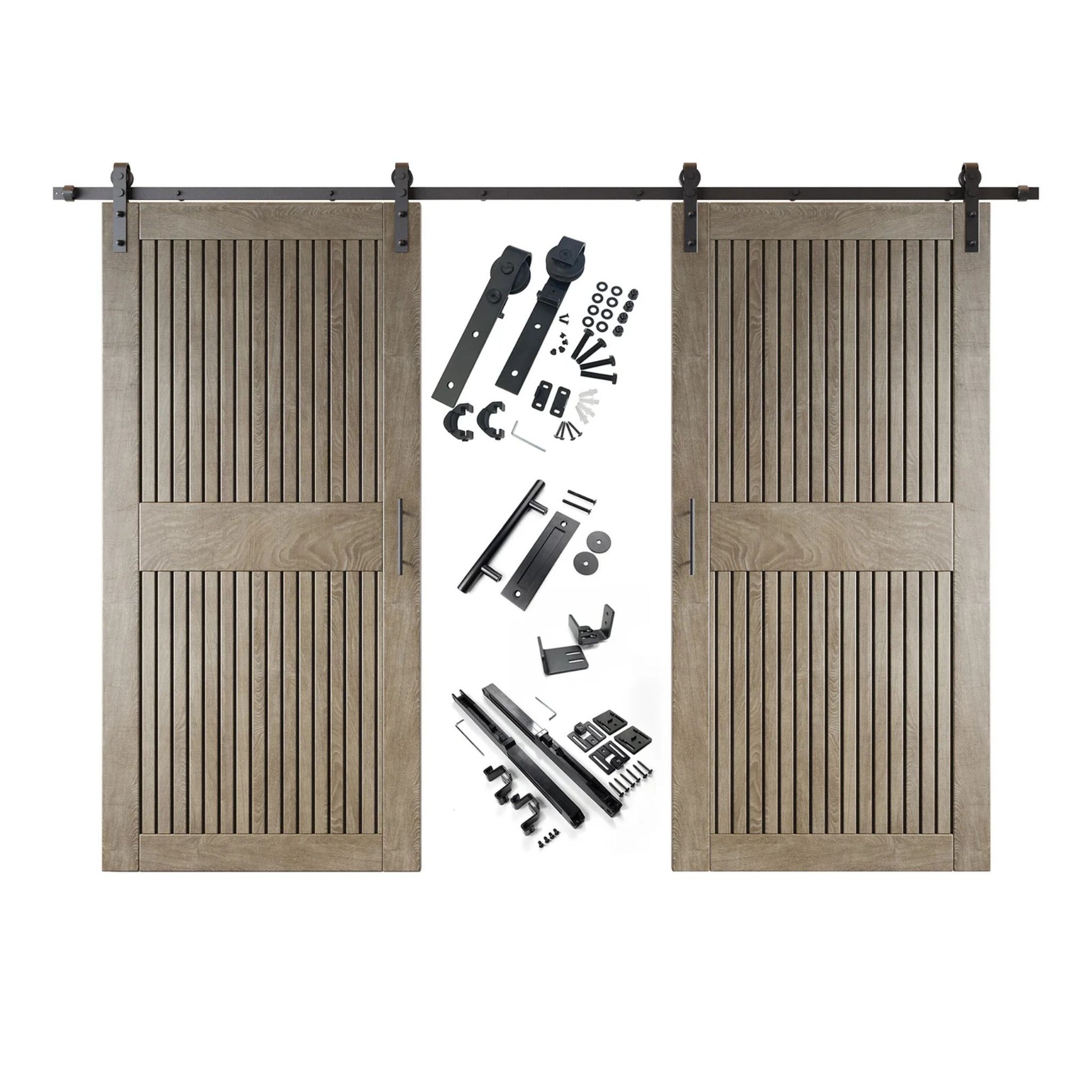 A complete double barn door kit featuring two classic gray-stained vertical slat doors with horizontal middle rails, black sliding track, rollers, handles, and all mounting components displayed in the center.