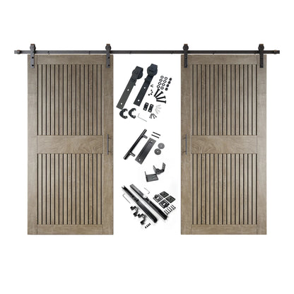 A complete double barn door kit featuring two classic gray-stained vertical slat doors with horizontal middle rails, black sliding track, rollers, handles, and all mounting components displayed in the center.