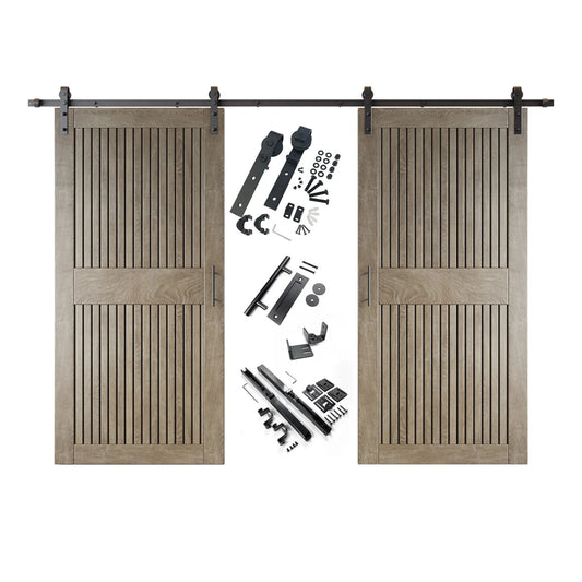 A complete double barn door kit featuring two classic gray-stained vertical slat doors with horizontal middle rails, black sliding track, rollers, handles, and all mounting components displayed in the center.
