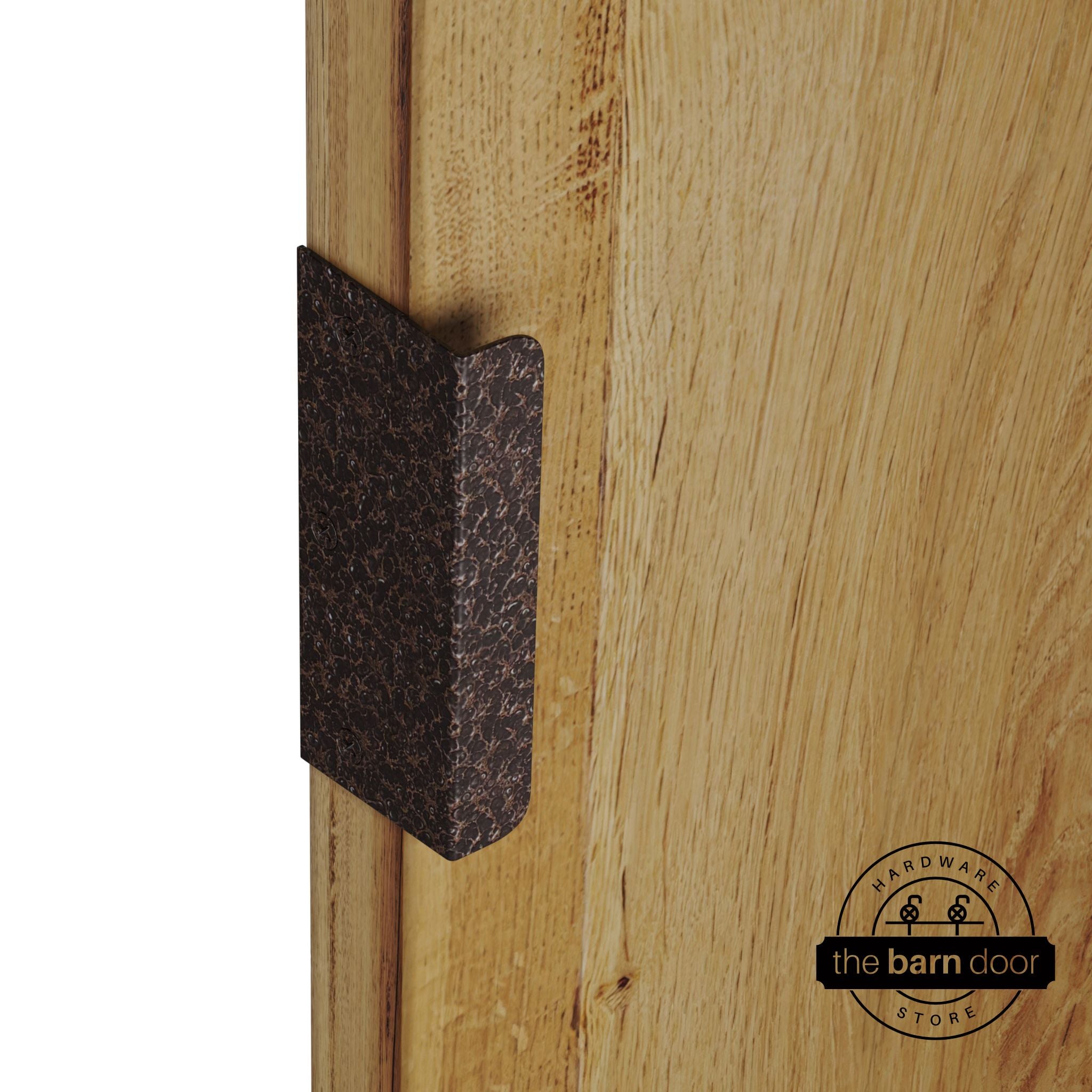 Copper vein sliding barn door edge pull handle on natural wood door edge