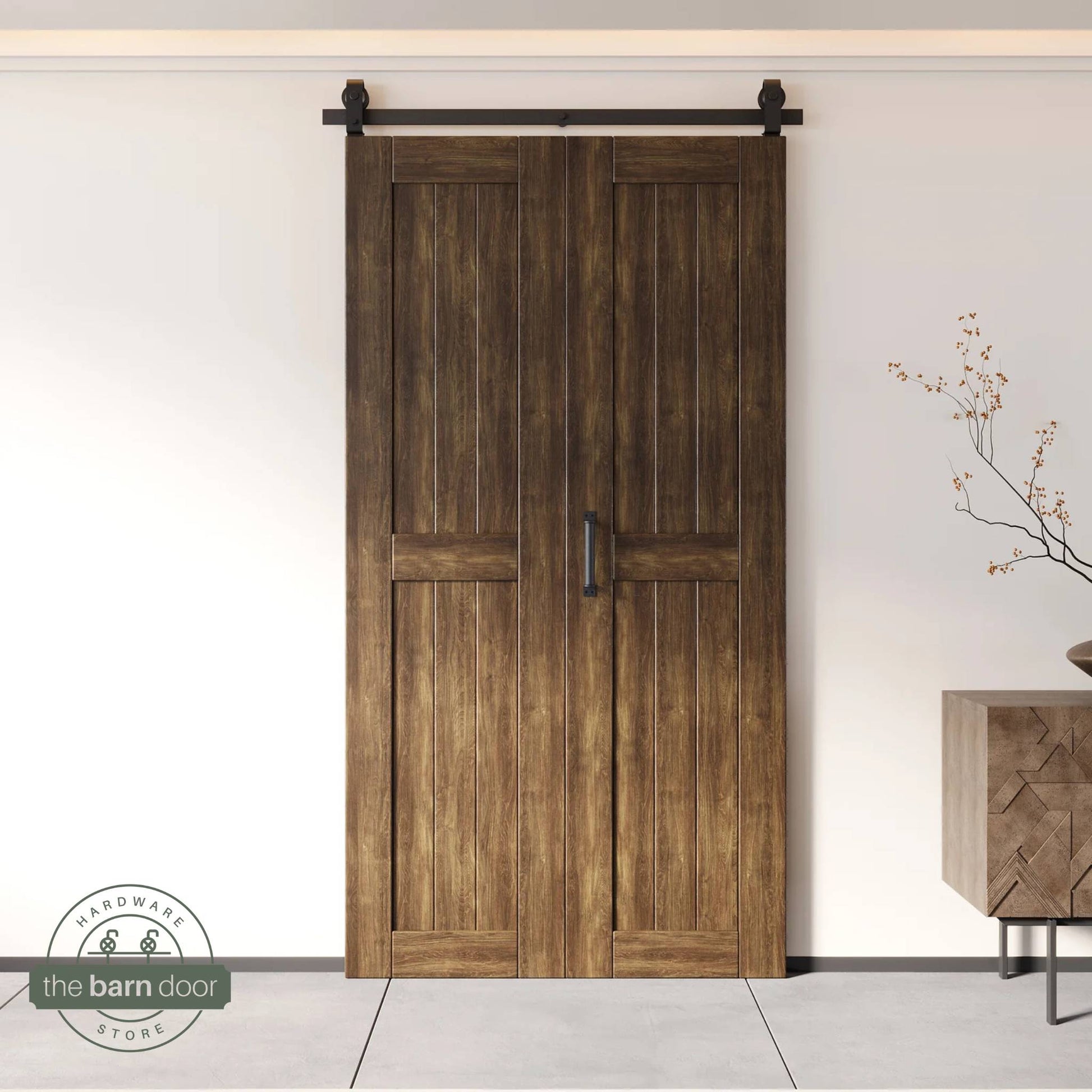 Two-panel bifold barn door in Dark Walnut finish, installed and fully closed in a modern interior, showing the top-mount Matte Black track.
