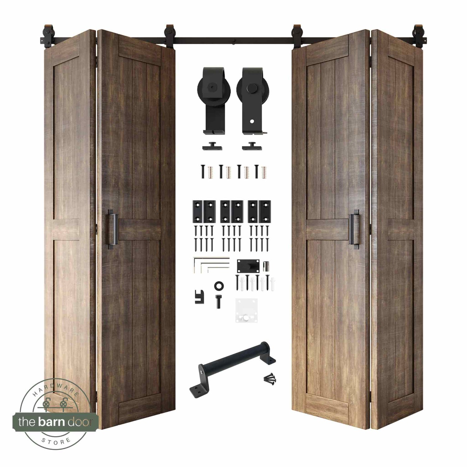 Full kit contents: Four open and partially folded dark walnut bifold door panels shown with all accompanying Matte Black top-mount hardware components.