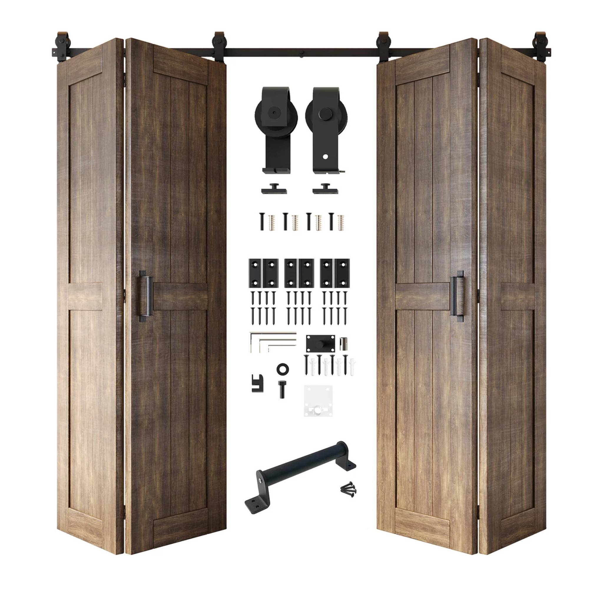 Full kit contents: Four open and partially folded dark walnut bifold door panels shown with all accompanying Matte Black top-mount hardware components.