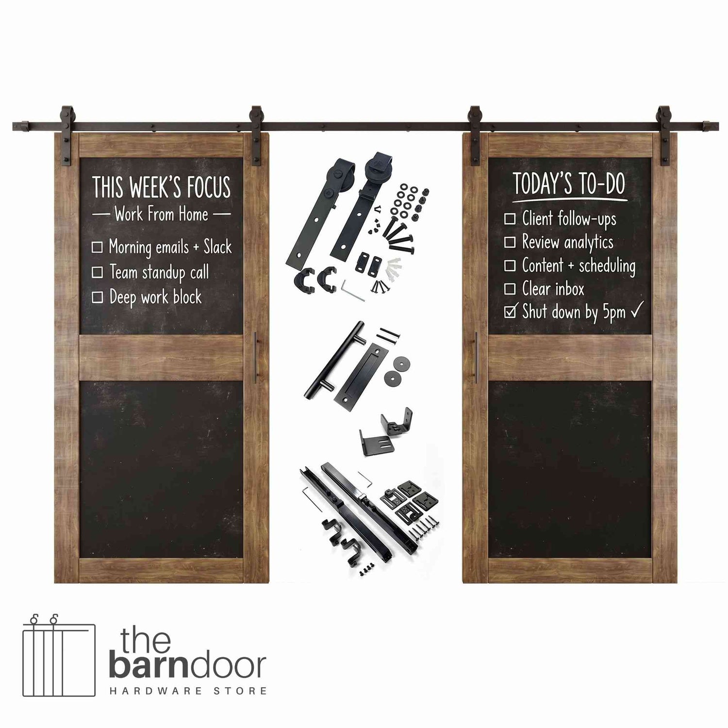Dark walnut barn door set with black chalkboard panels and hardware components on a white background