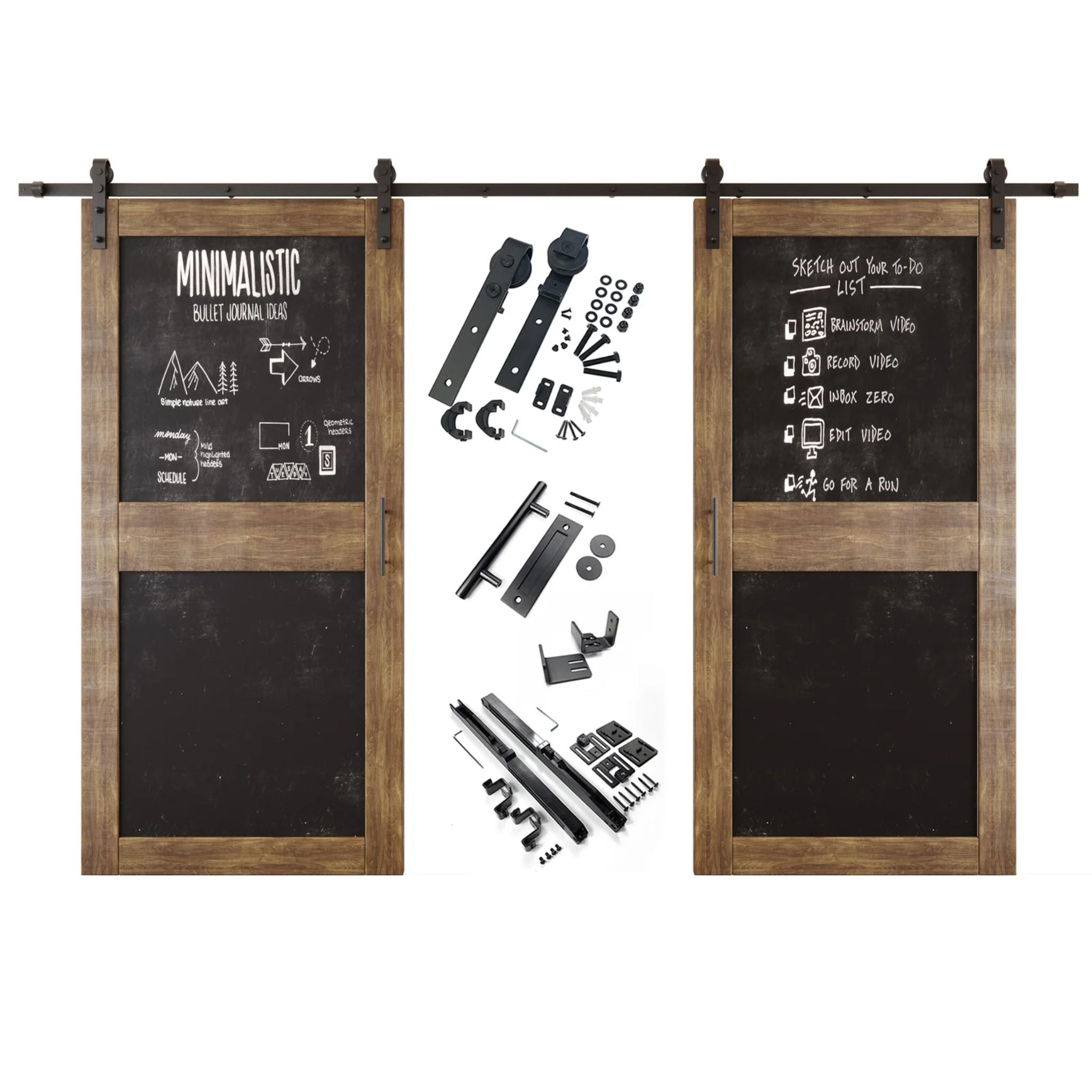 Dark walnut barn door set with black chalkboard panels and hardware components on a white background