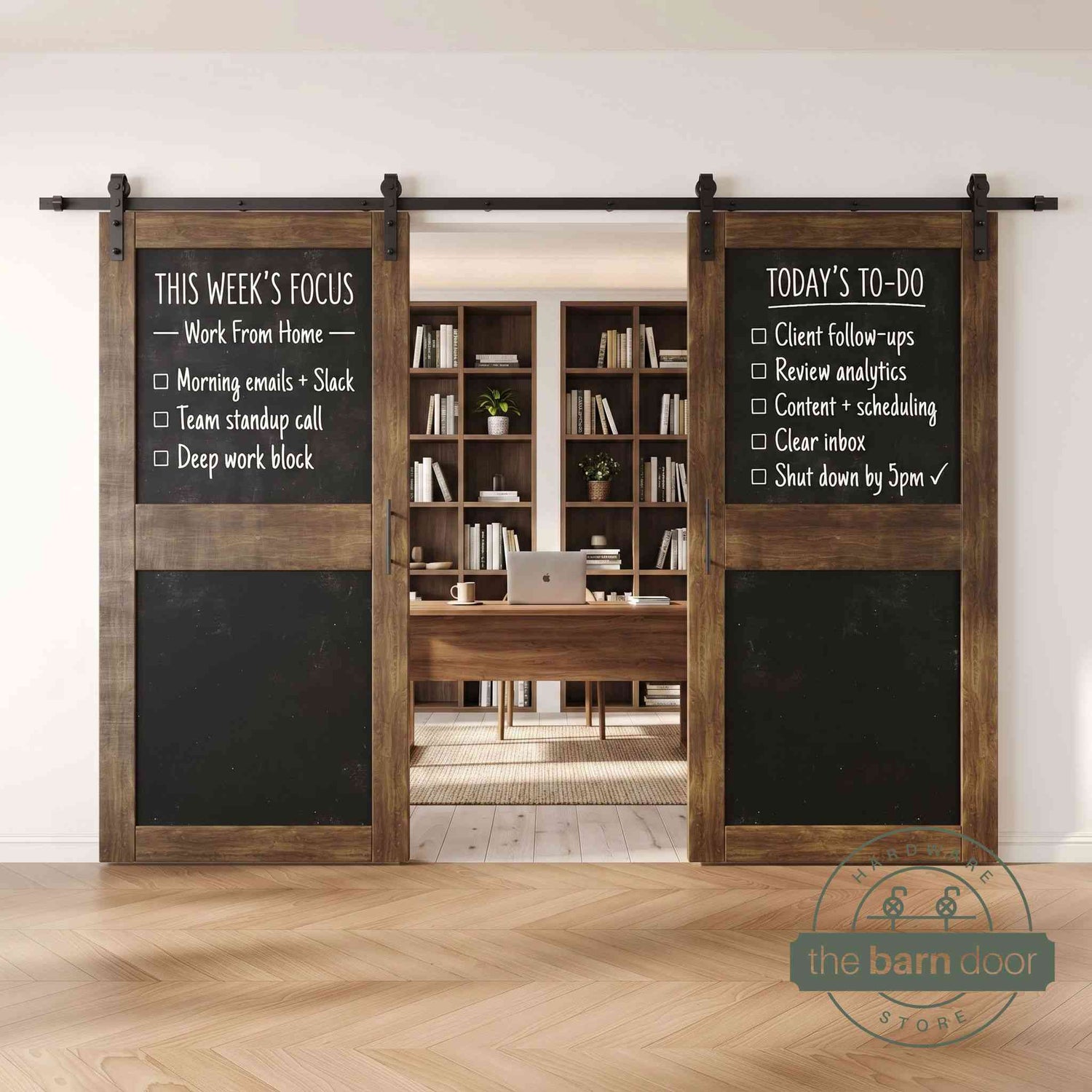 Dark walnut barn doors with black chalkboard surfaces in a modern interior setting