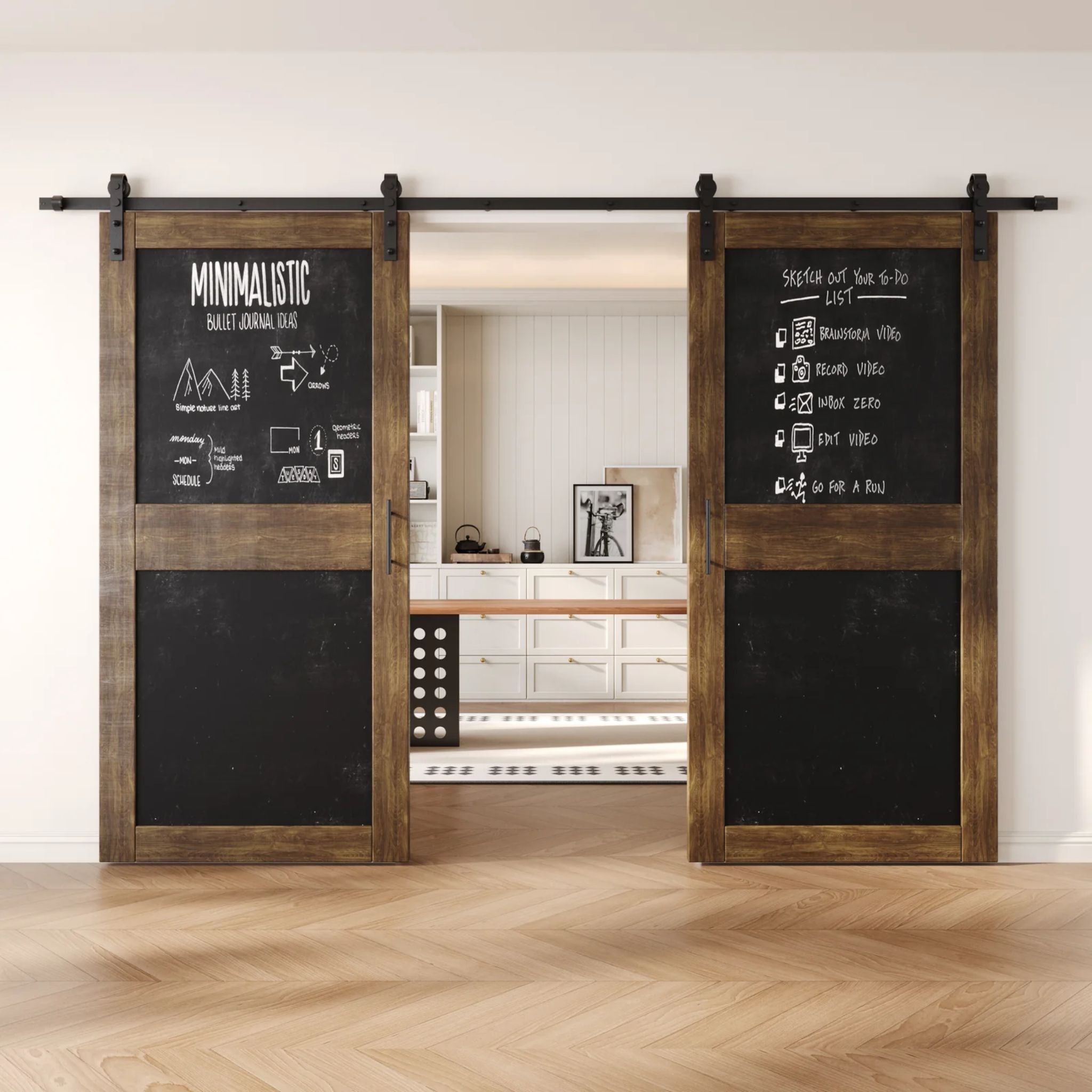 Dark walnut barn doors with black chalkboard surfaces in a modern interior setting