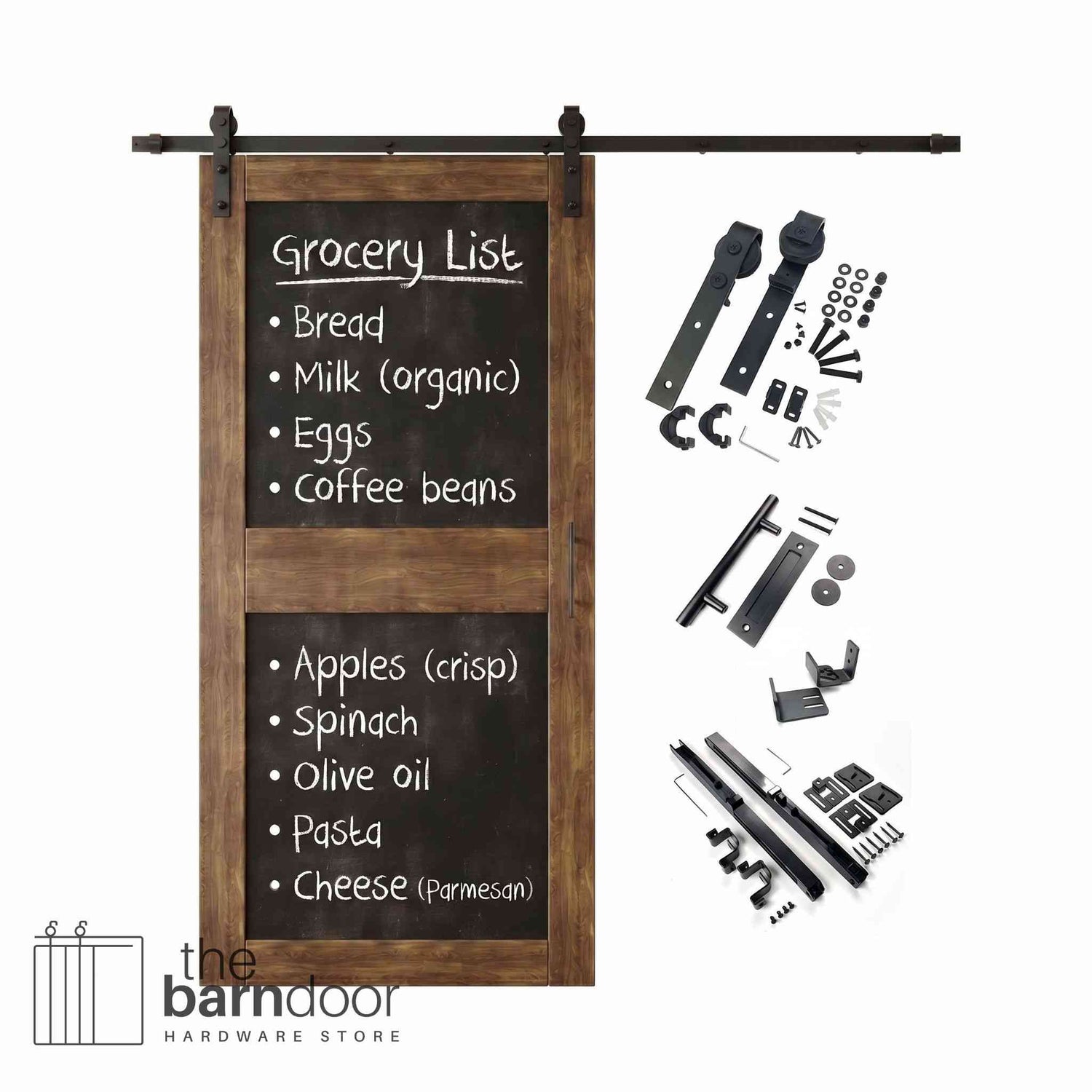 Dark walnut barn door kit with black chalkboard surface and hardware components on a white background