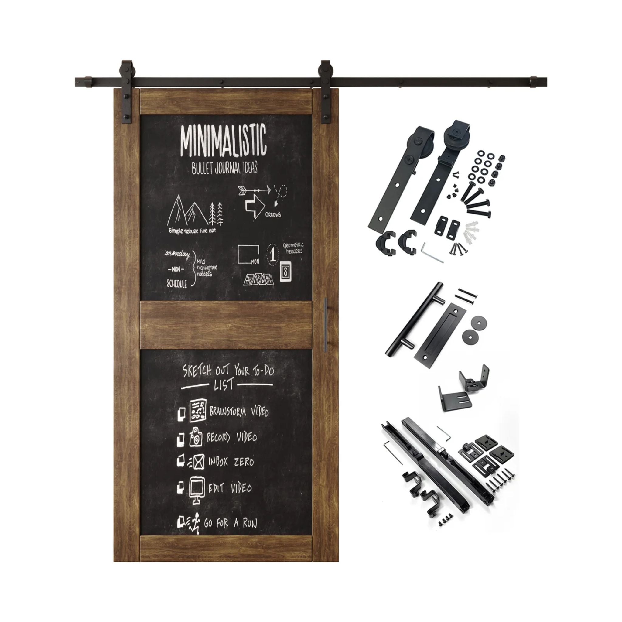 Dark walnut barn door kit with black chalkboard surface and hardware components on a white background