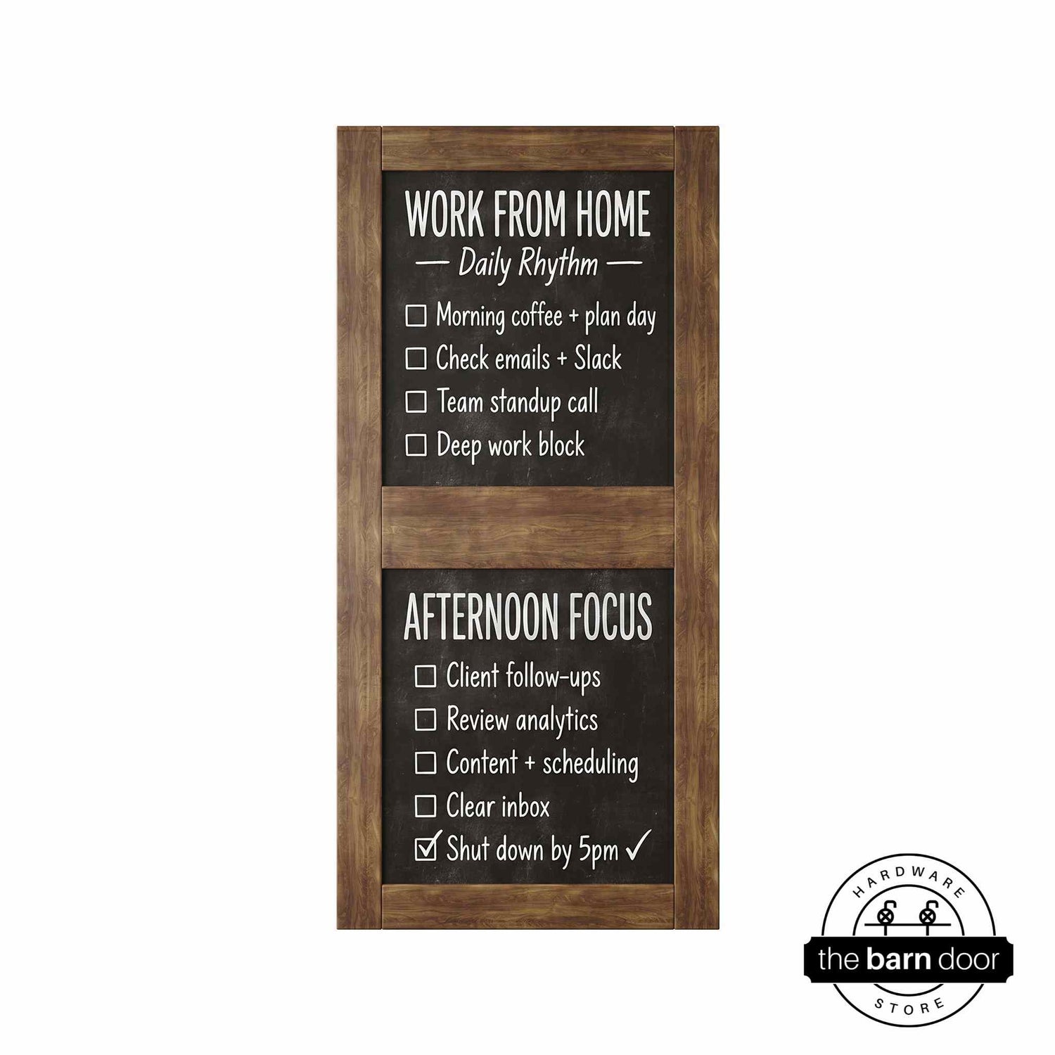Front view of a vertical dark walnut chalkboard door with two panels.