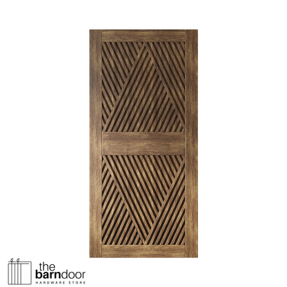 Close-up studio shot of a single dark walnut barn door panel featuring a striking slatted diamond geometric pattern.