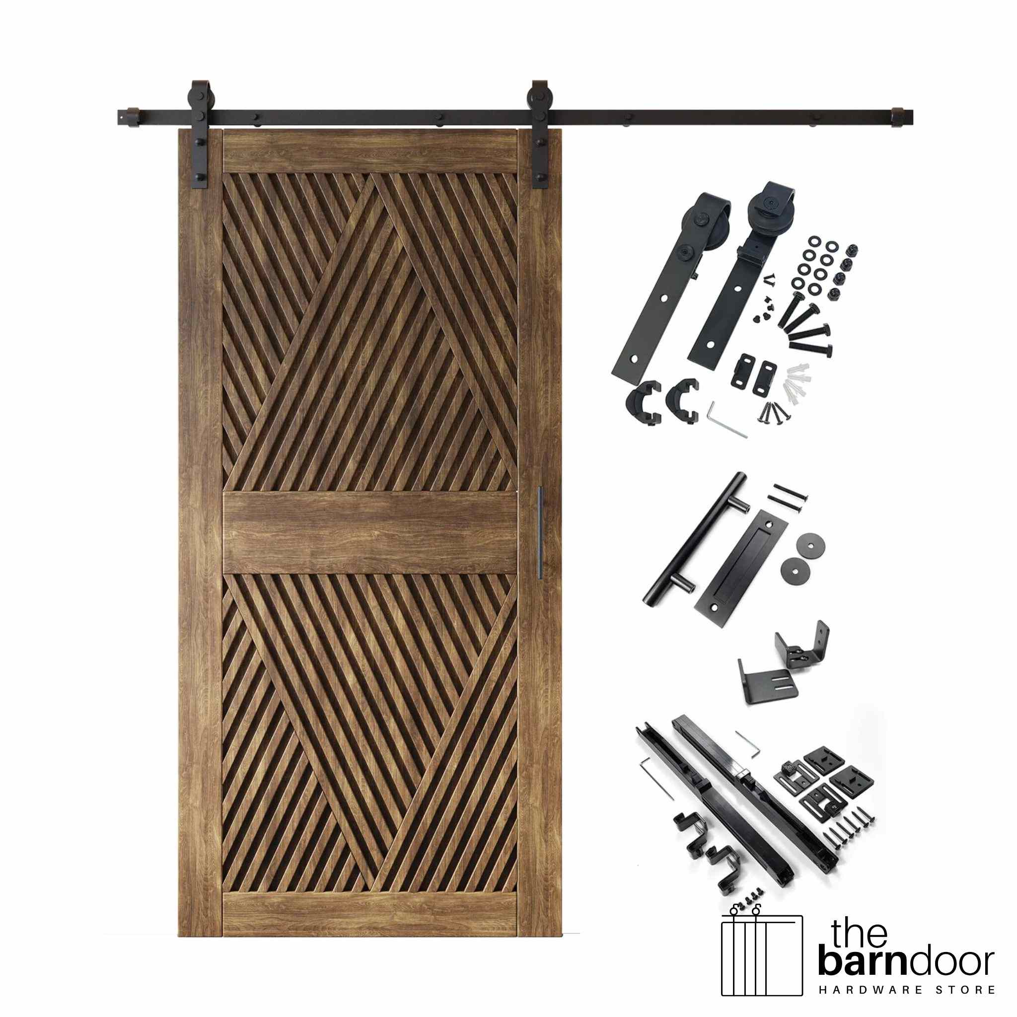 A complete barn door hardware kit featuring a striking dark walnut barn door with an intricate, open diamond slat pattern, black sliding track, rollers, handle, and all mounting components displayed next to the door.