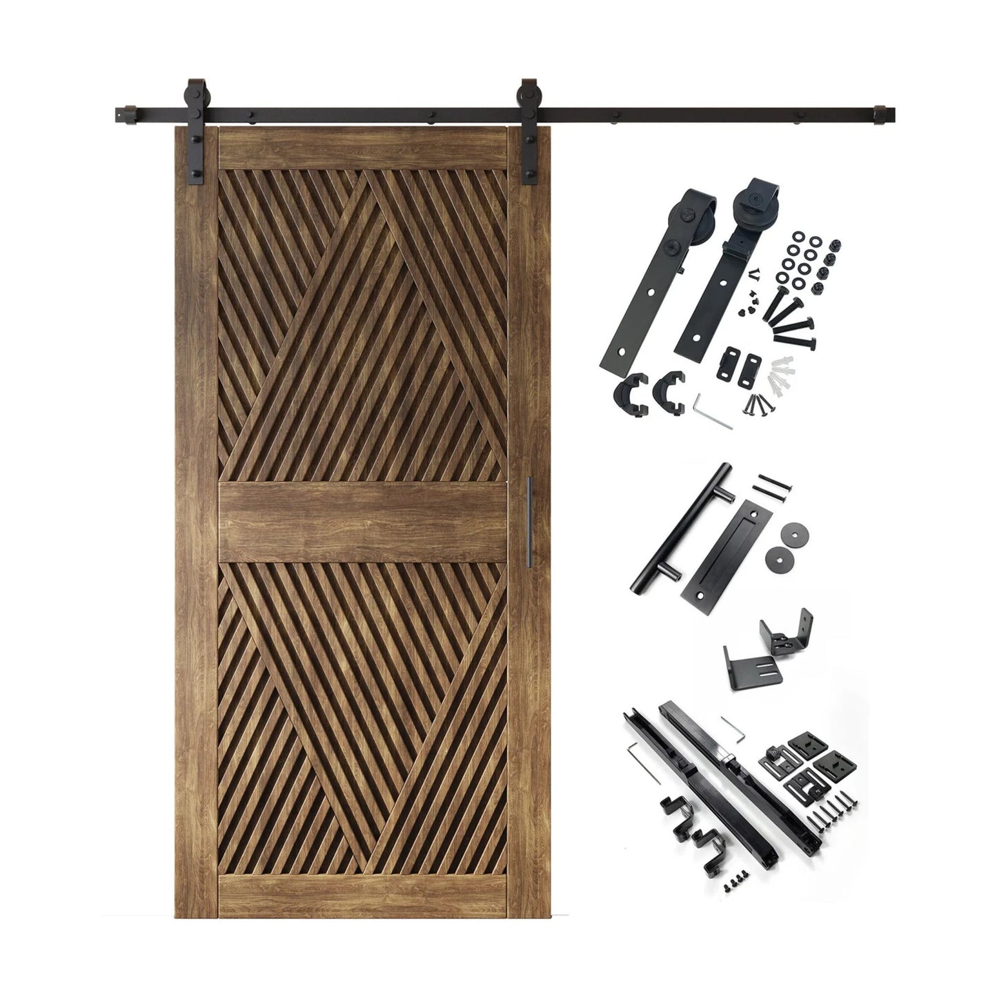 A complete barn door hardware kit featuring a striking dark walnut barn door with an intricate, open diamond slat pattern, black sliding track, rollers, handle, and all mounting components displayed next to the door.
