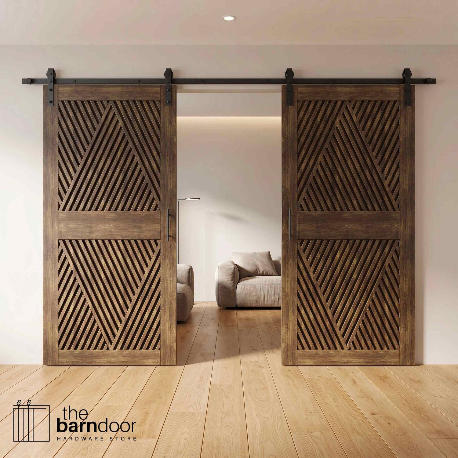 Two fully closed double barn doors in a dark walnut finish, featuring a bold, intricate diamond slat pattern. The doors are installed with black sliding hardware against a white wall, revealing a modern linear fireplace in the space behind them.