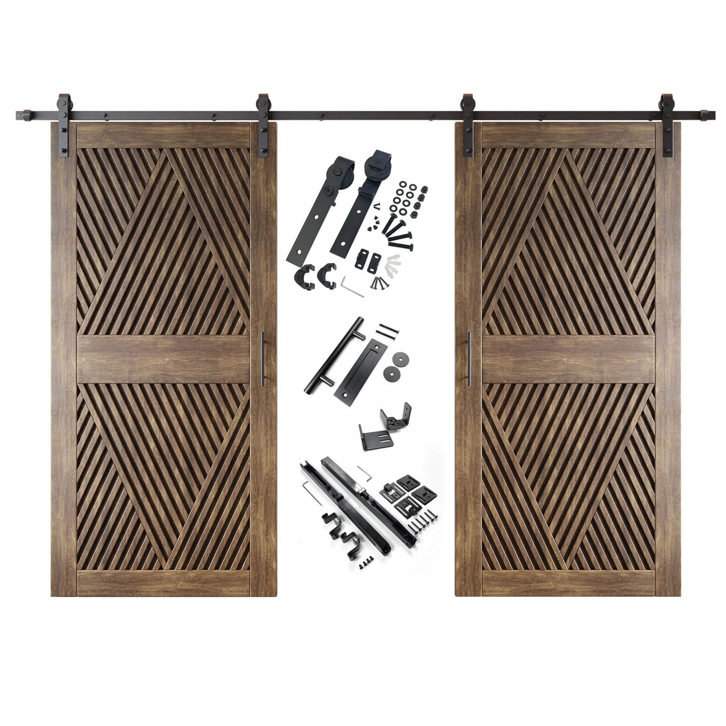 A complete double barn door kit featuring two dark walnut doors with an intricate diamond slat pattern. The black sliding track, rollers, handle, and all mounting components are displayed in the center between the two doors.