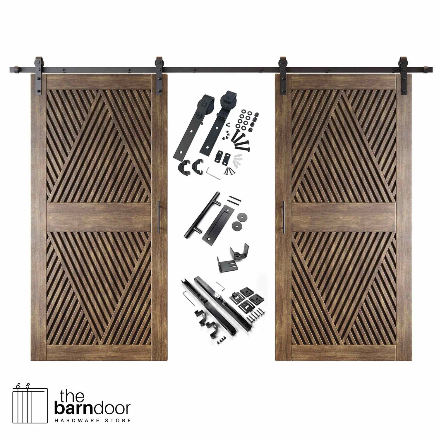 A complete double barn door kit featuring two dark walnut doors with an intricate diamond slat pattern. The black sliding track, rollers, handle, and all mounting components are displayed in the center between the two doors.