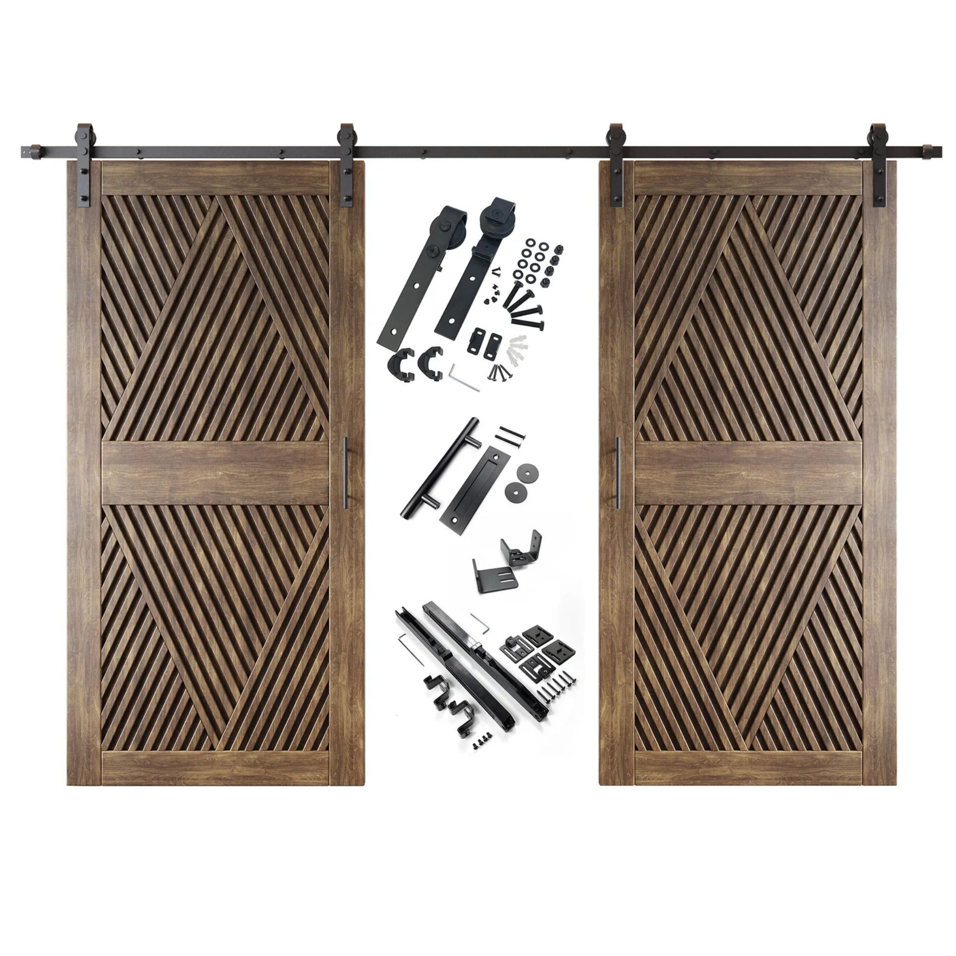 A complete double barn door kit featuring two dark walnut doors with an intricate diamond slat pattern. The black sliding track, rollers, handle, and all mounting components are displayed in the center between the two doors.