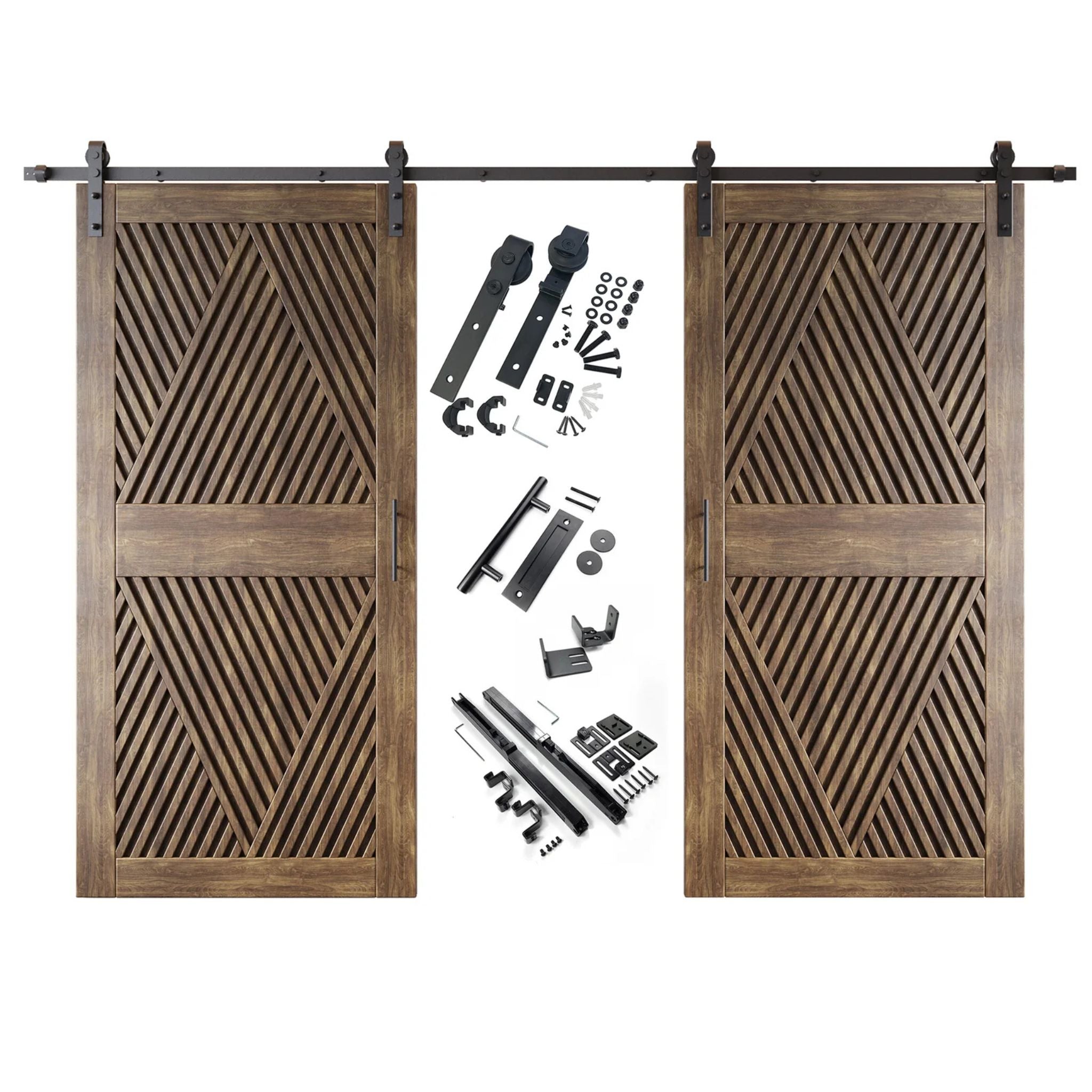 A complete double barn door kit featuring two dark walnut doors with an intricate diamond slat pattern. The black sliding track, rollers, handle, and all mounting components are displayed in the center between the two doors.