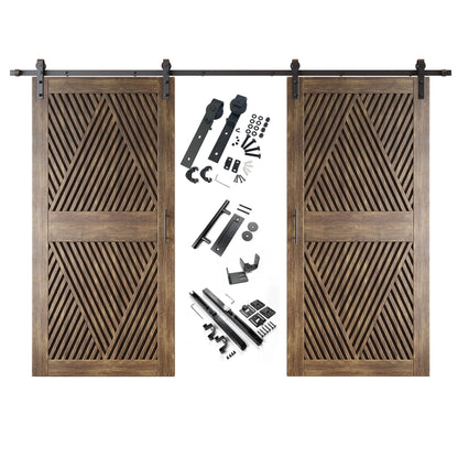 A complete double barn door kit featuring two dark walnut doors with an intricate diamond slat pattern. The black sliding track, rollers, handle, and all mounting components are displayed in the center between the two doors.