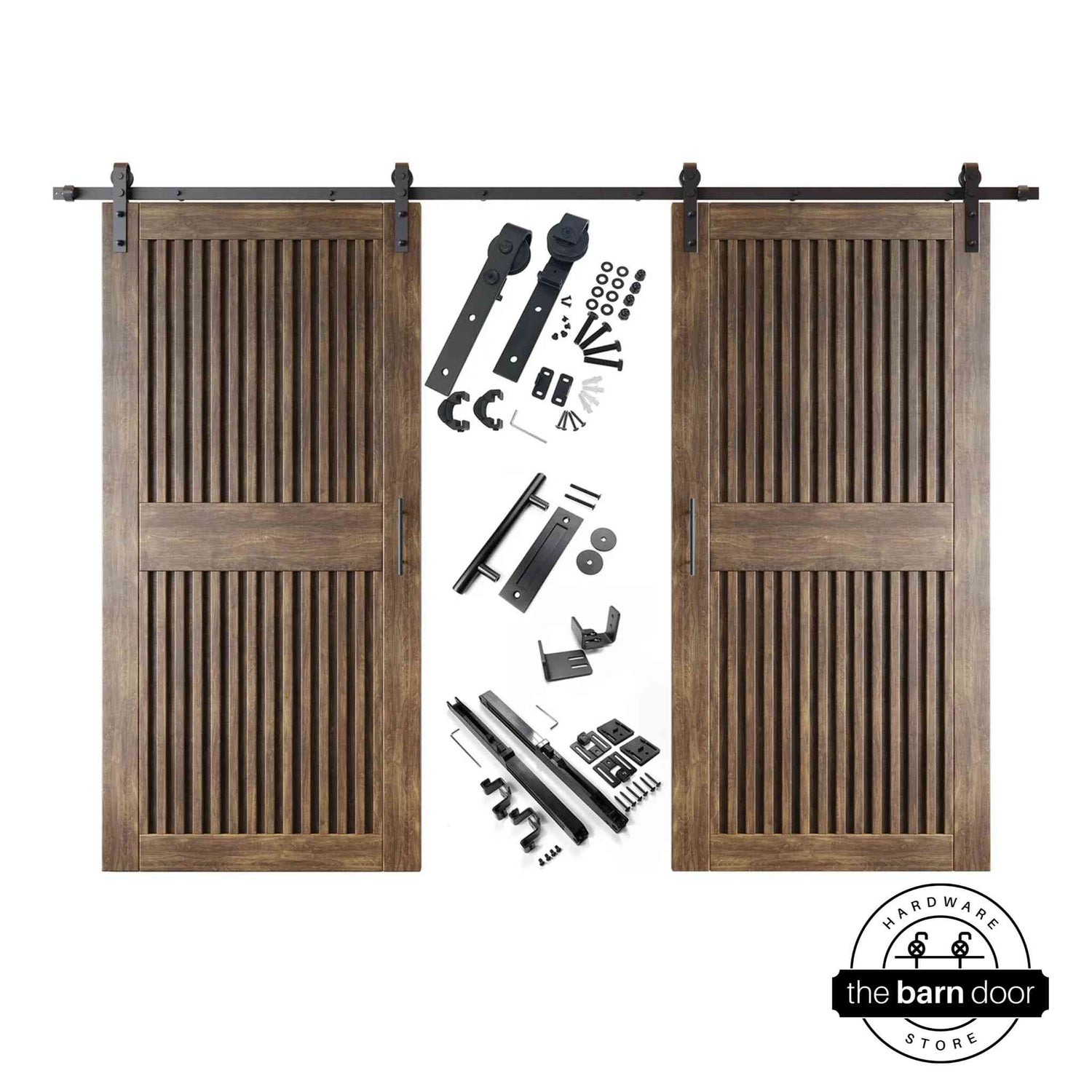 Dark walnut vertical slat barn door set with hardware components on a white background