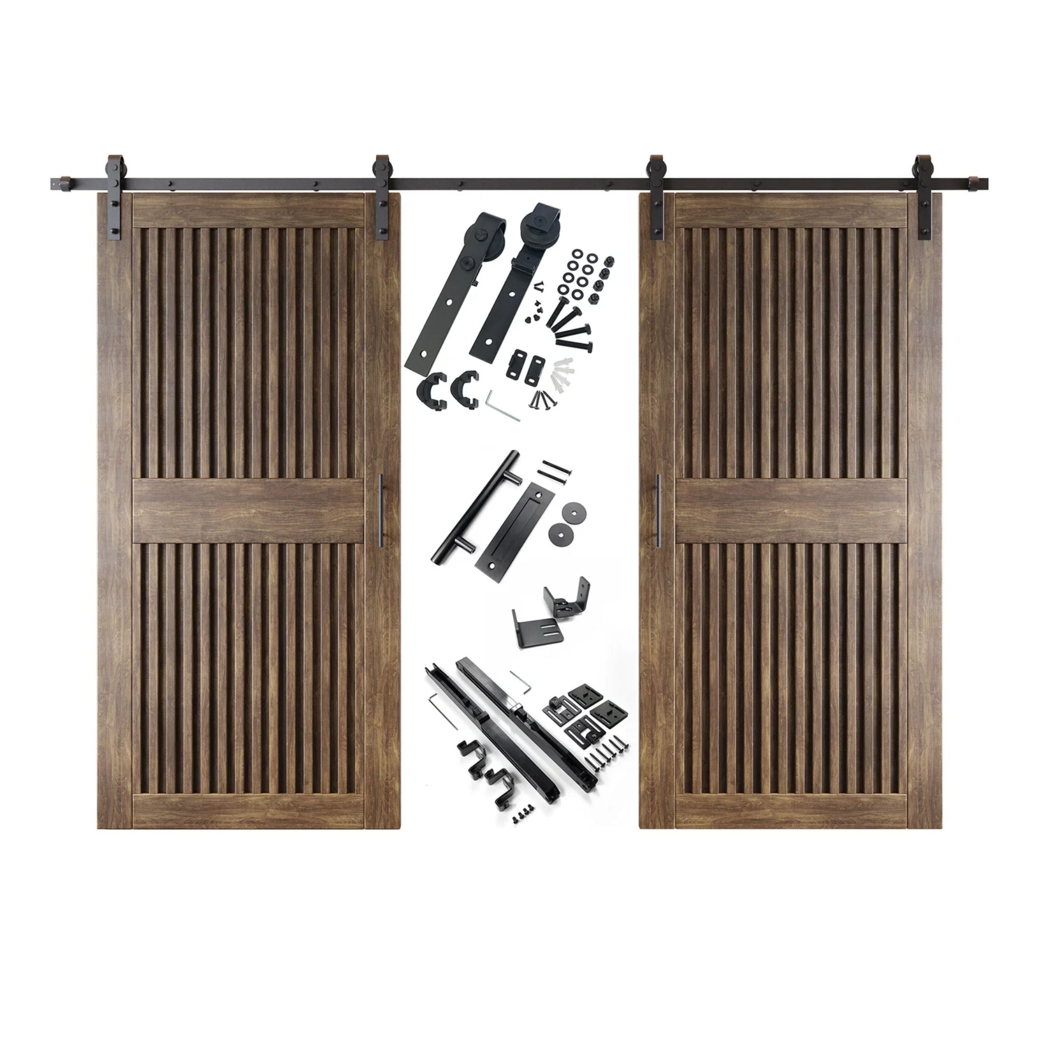 Dark walnut vertical slat barn door set with hardware components on a white background