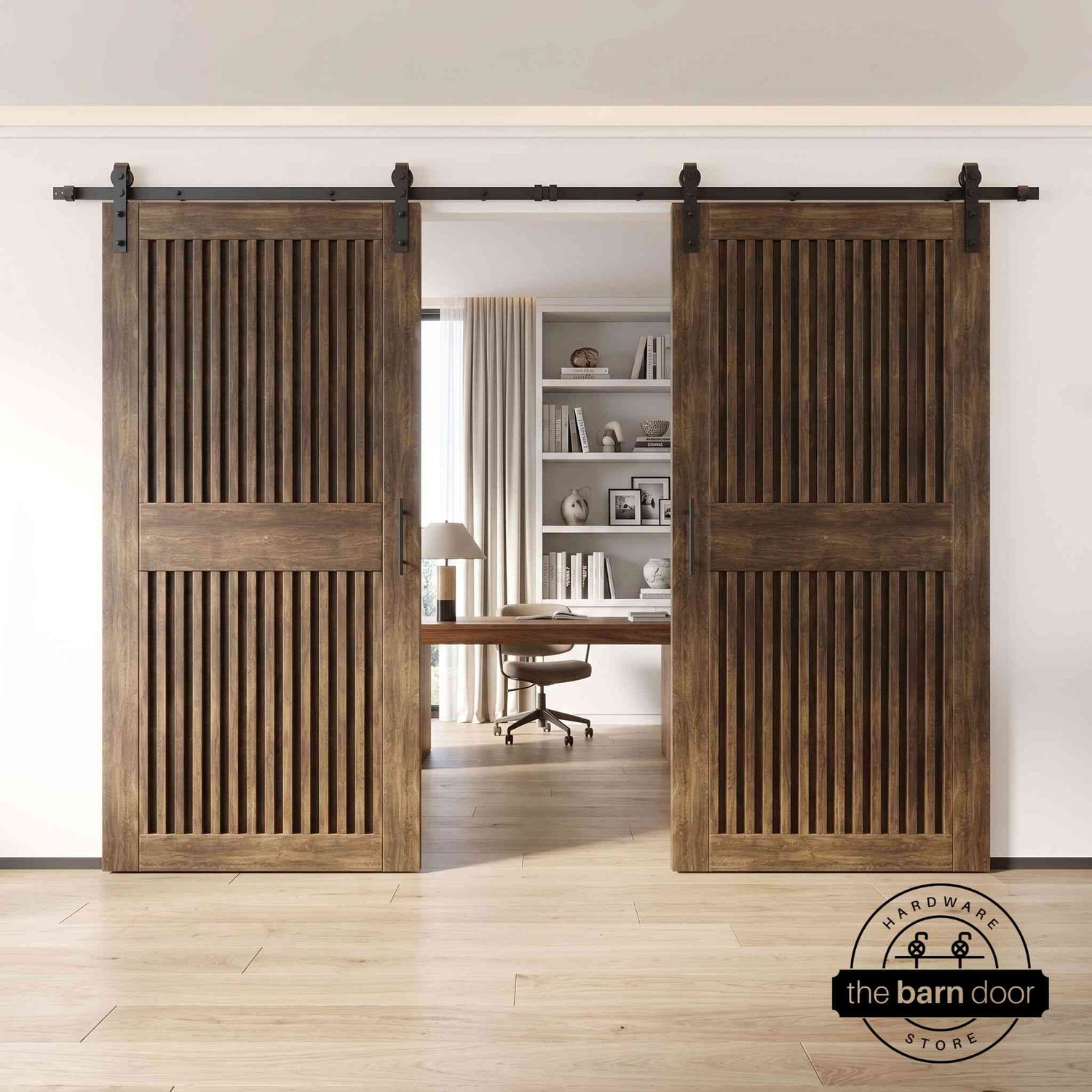 Pair of wooden sliding doors with metal tracks in a modern interior setting.