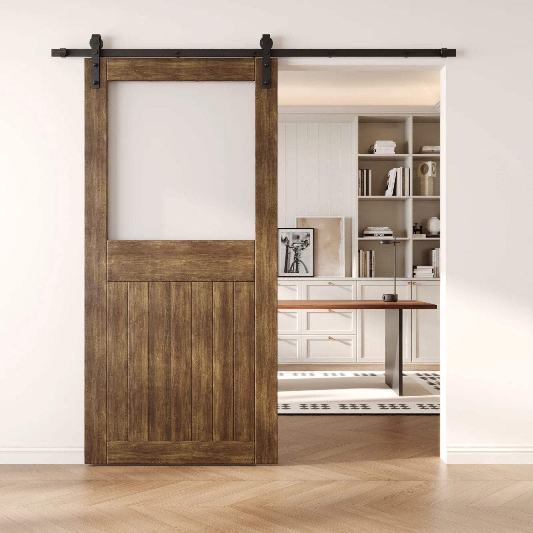 Dark Walnut sliding half-lite frosted glass barn door in a modern interior setting with a desk and shelves.