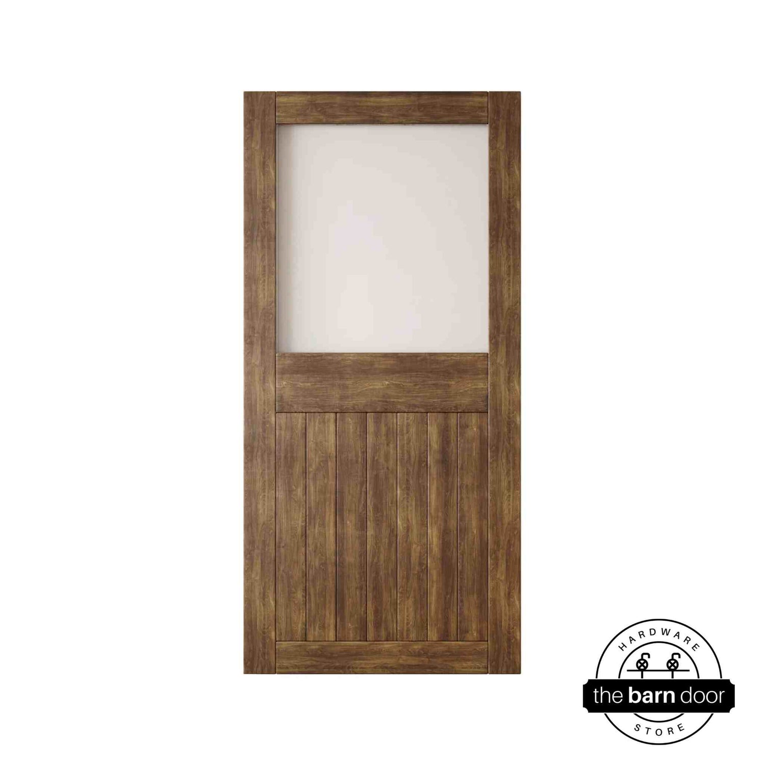 Dark walnut wooden half-lite frosted glass barn door with horizontal slats on a white background
