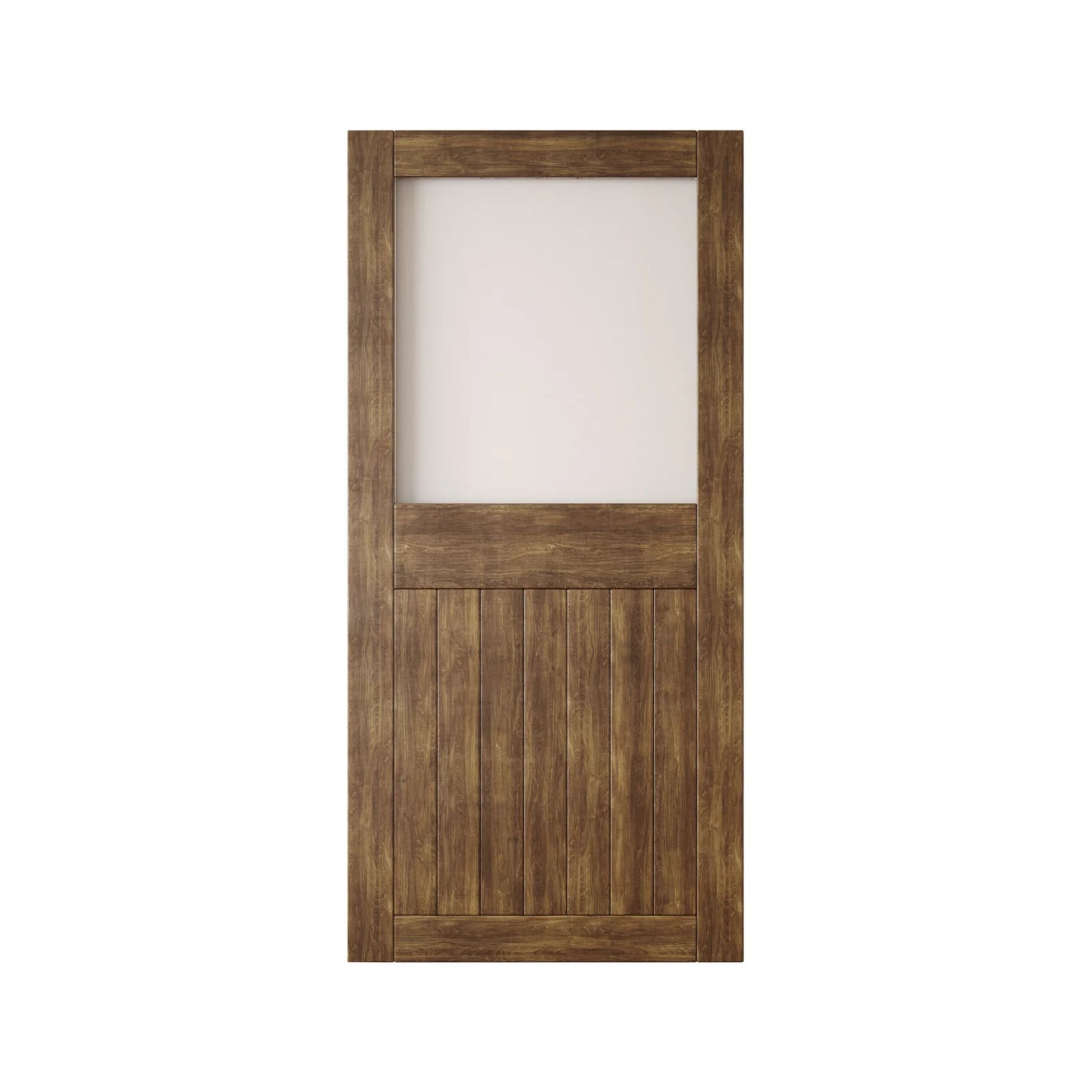 Dark walnut wooden half-lite frosted glass barn door with horizontal slats on a white background