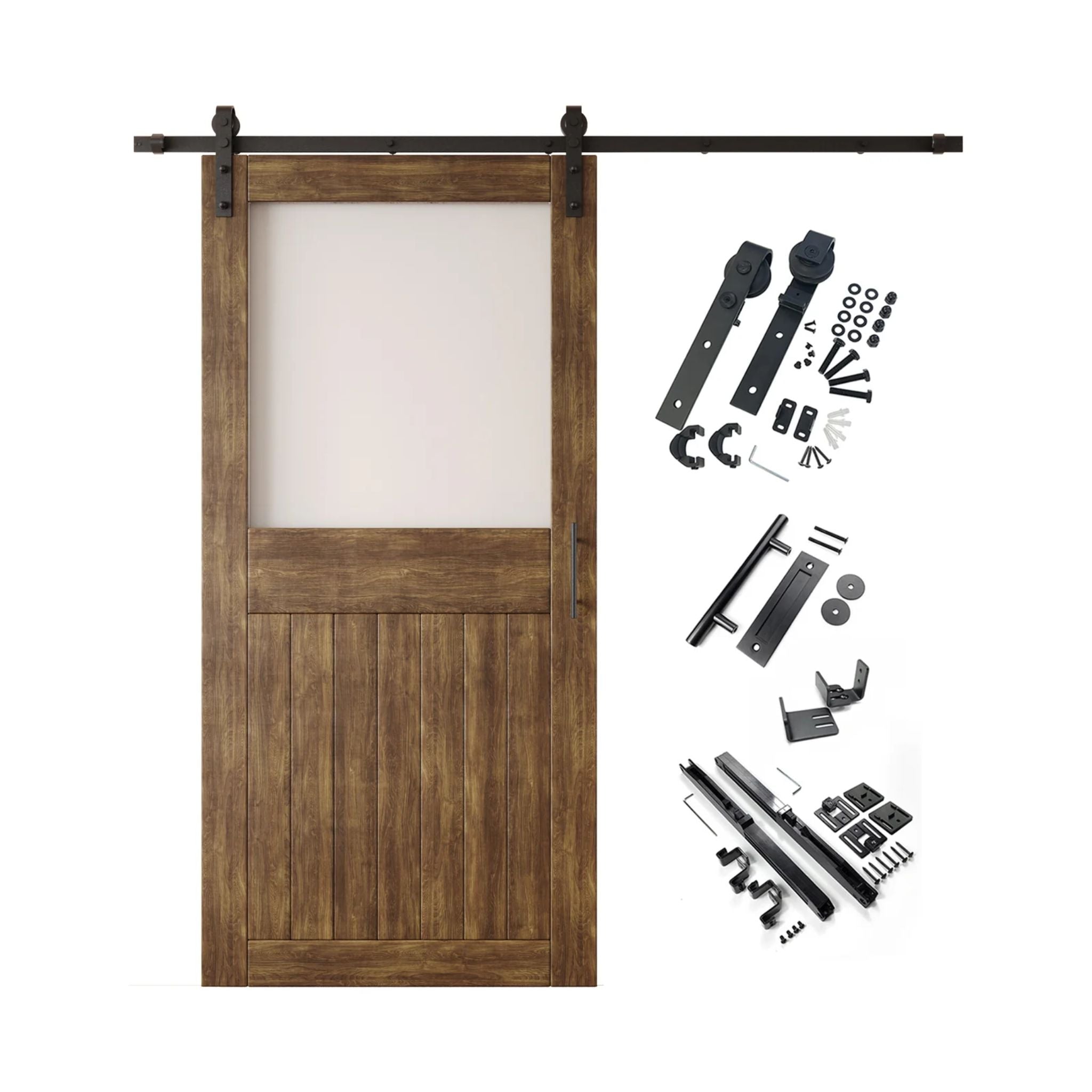 Dark walnut half-lite barn door kit with wooden door, hardware, and components on a white background