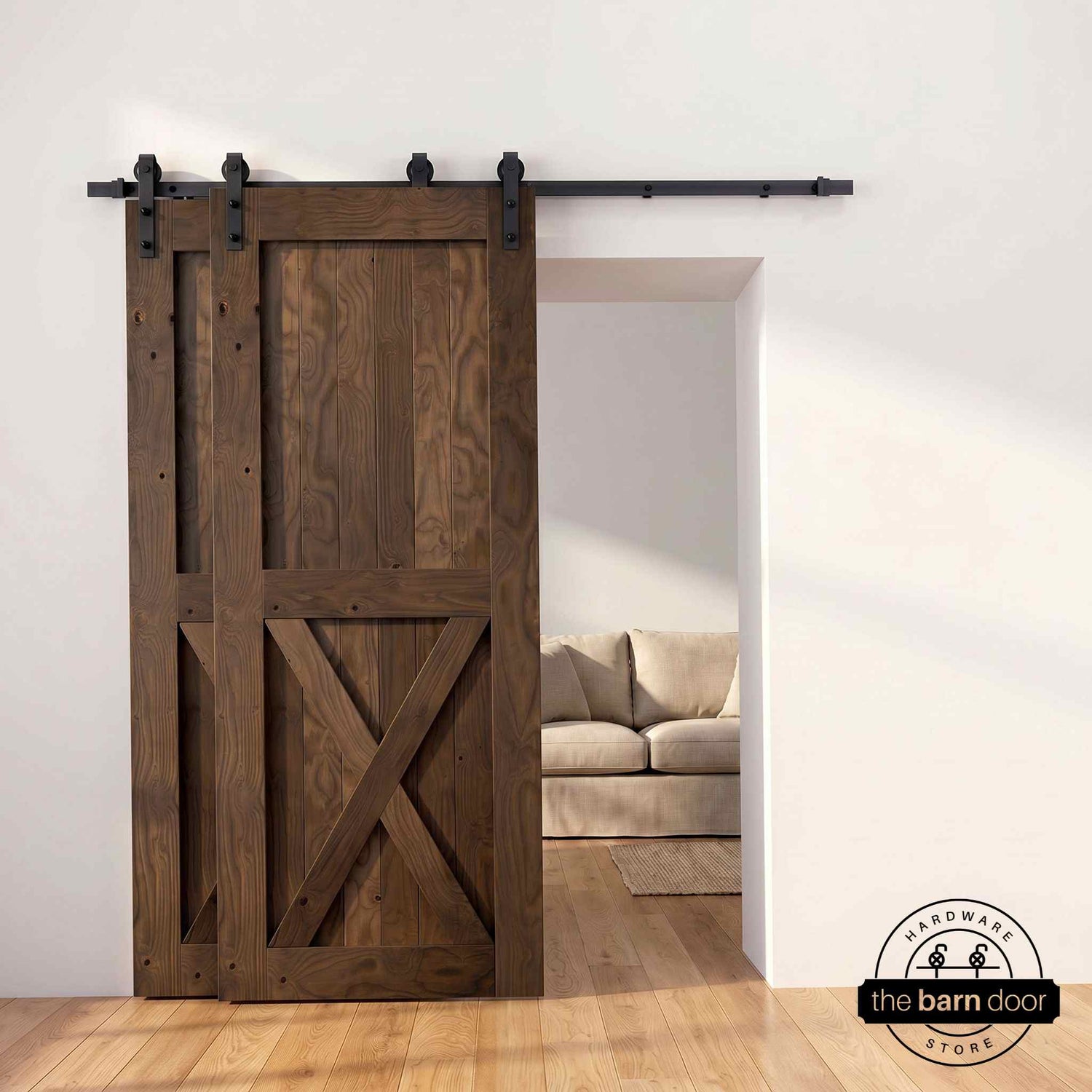 Half-X barn door in dark walnut stain with matte black single bypass sliding hardware