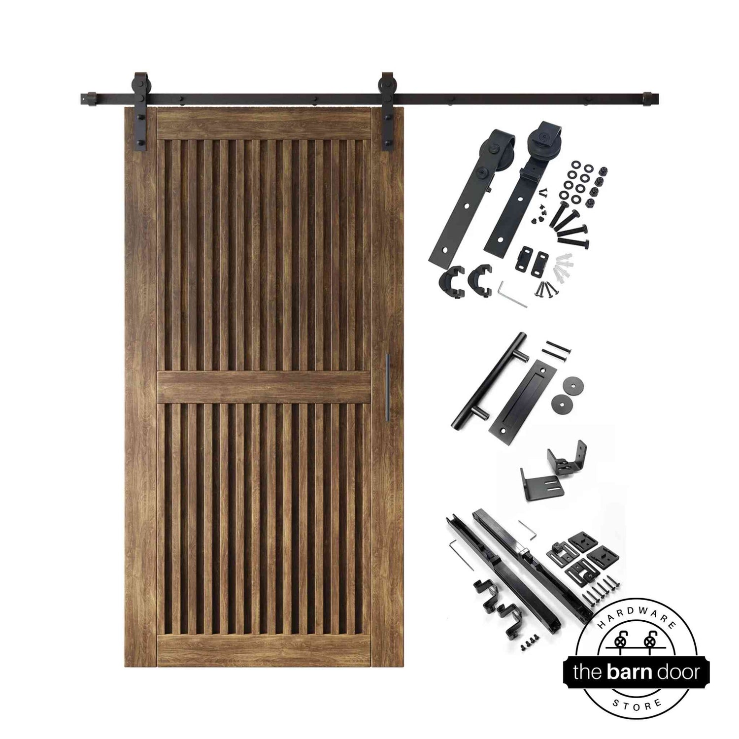 Dark walnut barn door kit with wooden door, hardware, and installation parts on a white background
