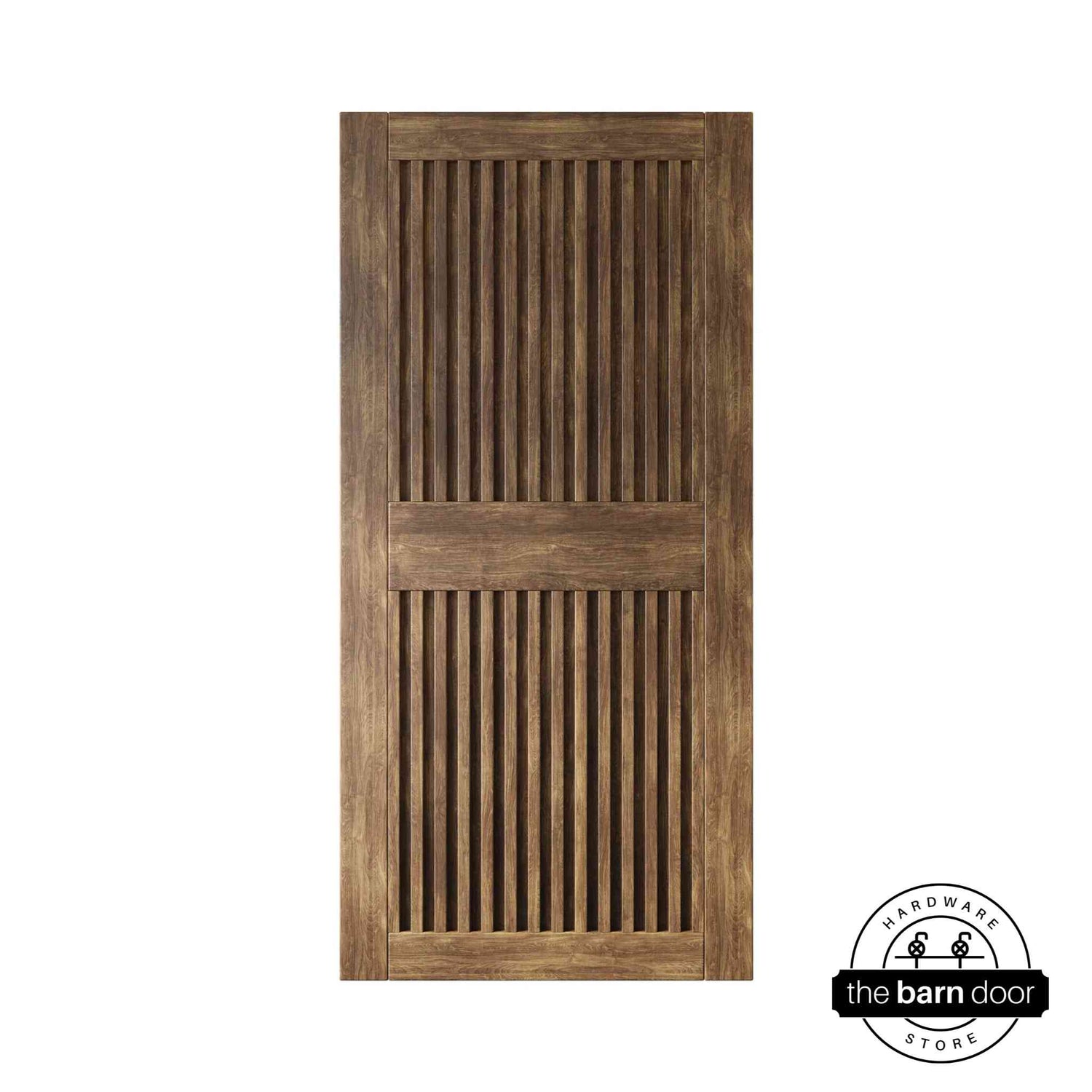 Dark walnut wooden door with slatted design on a white background