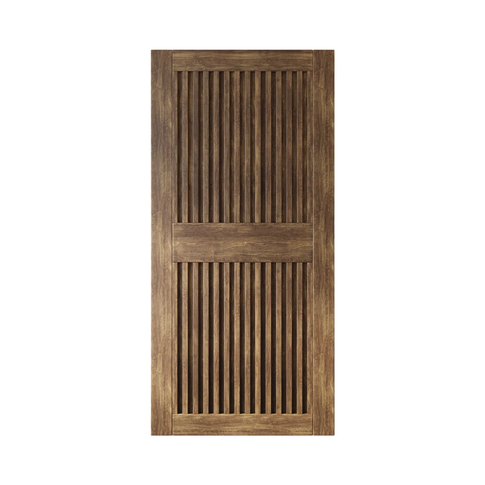 Dark walnut wooden door with slatted design on a white background