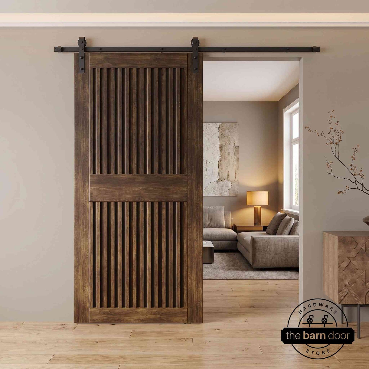 Dark walnut wooden sliding door in a modern interior setting with a fireplace.