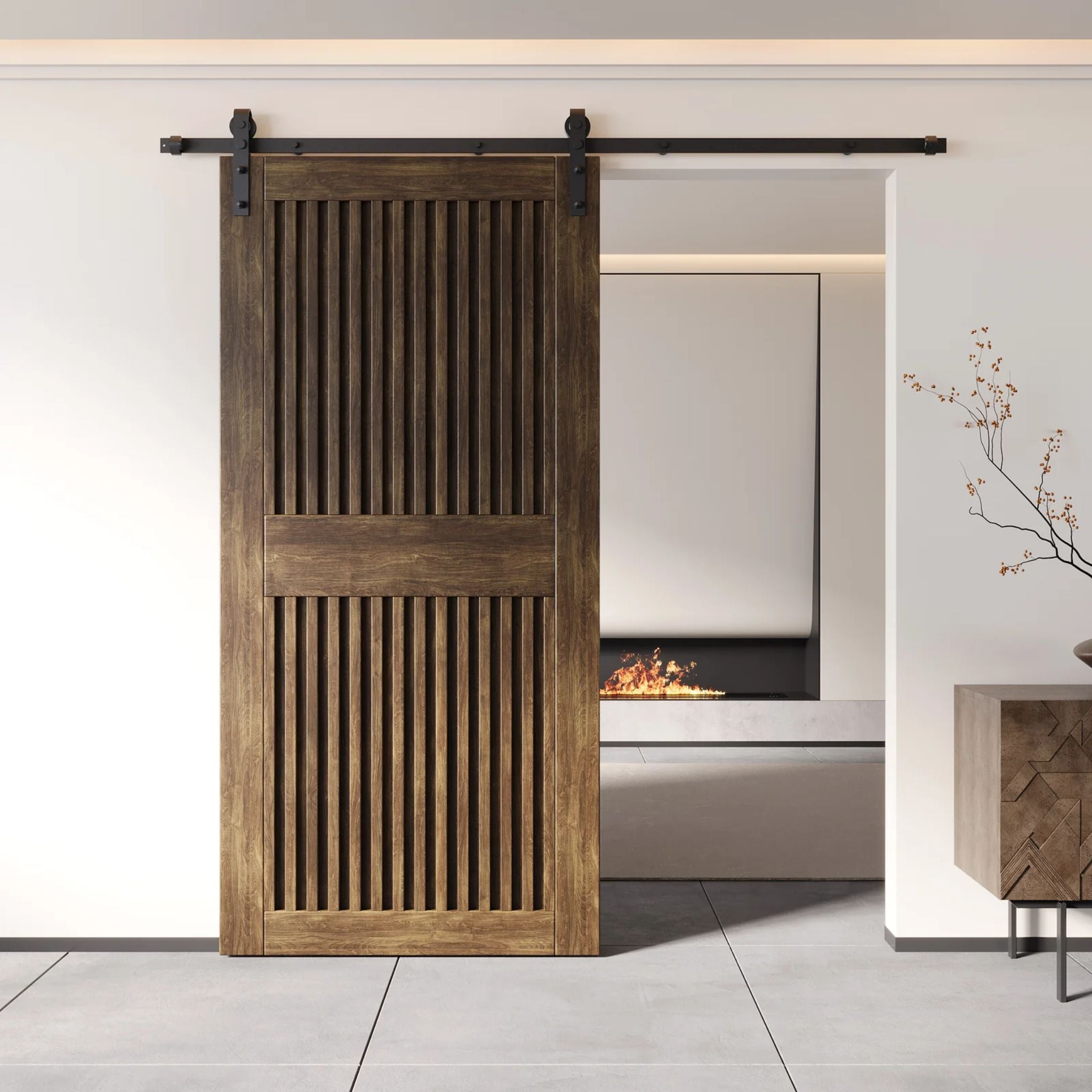 Dark walnut wooden sliding door in a modern interior setting with a fireplace.