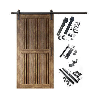 A complete barn door hardware kit featuring a dark walnut vertical plank barn door with a horizontal middle rail, black sliding track, rollers, handle, and all mounting components displayed next to the door.