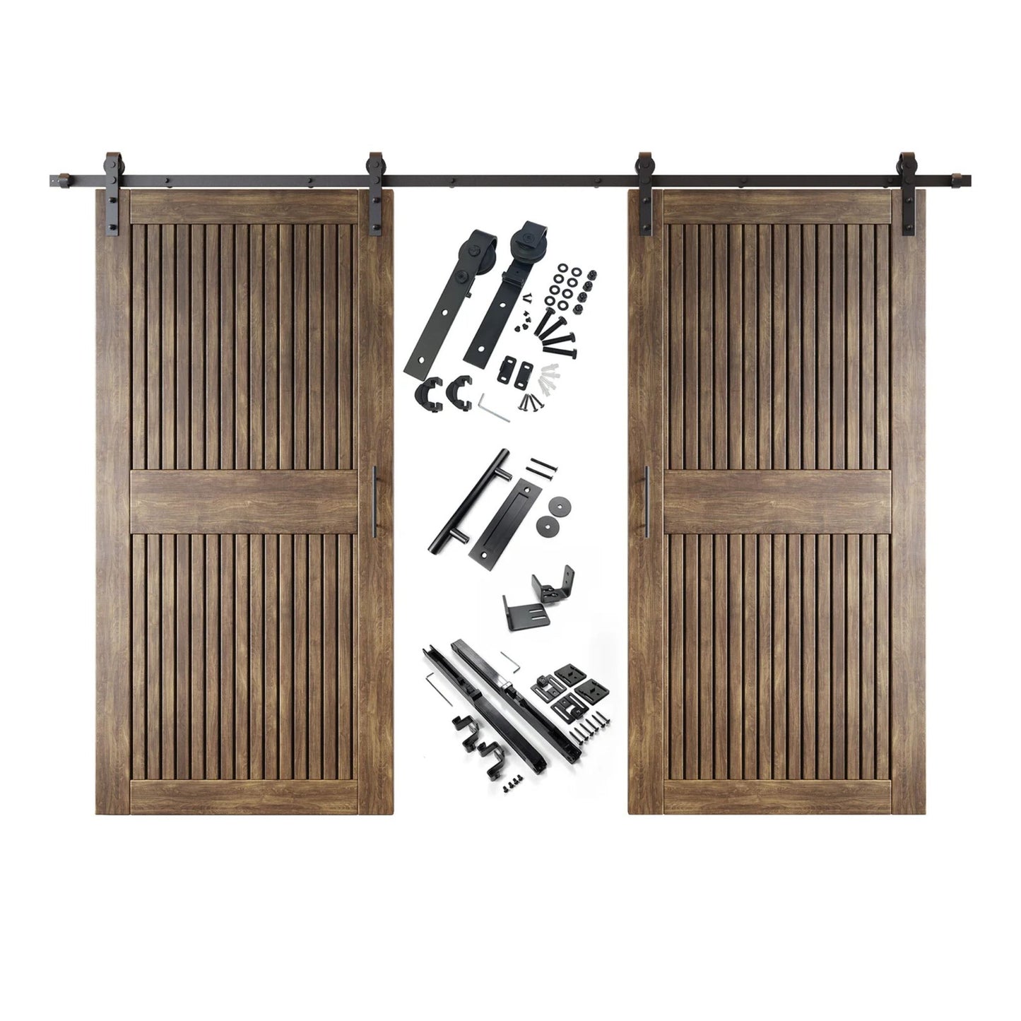 A complete double barn door kit featuring two dark walnut-stained vertical slat doors with horizontal middle rails, black sliding track, rollers, handles, and all mounting components displayed in the center.