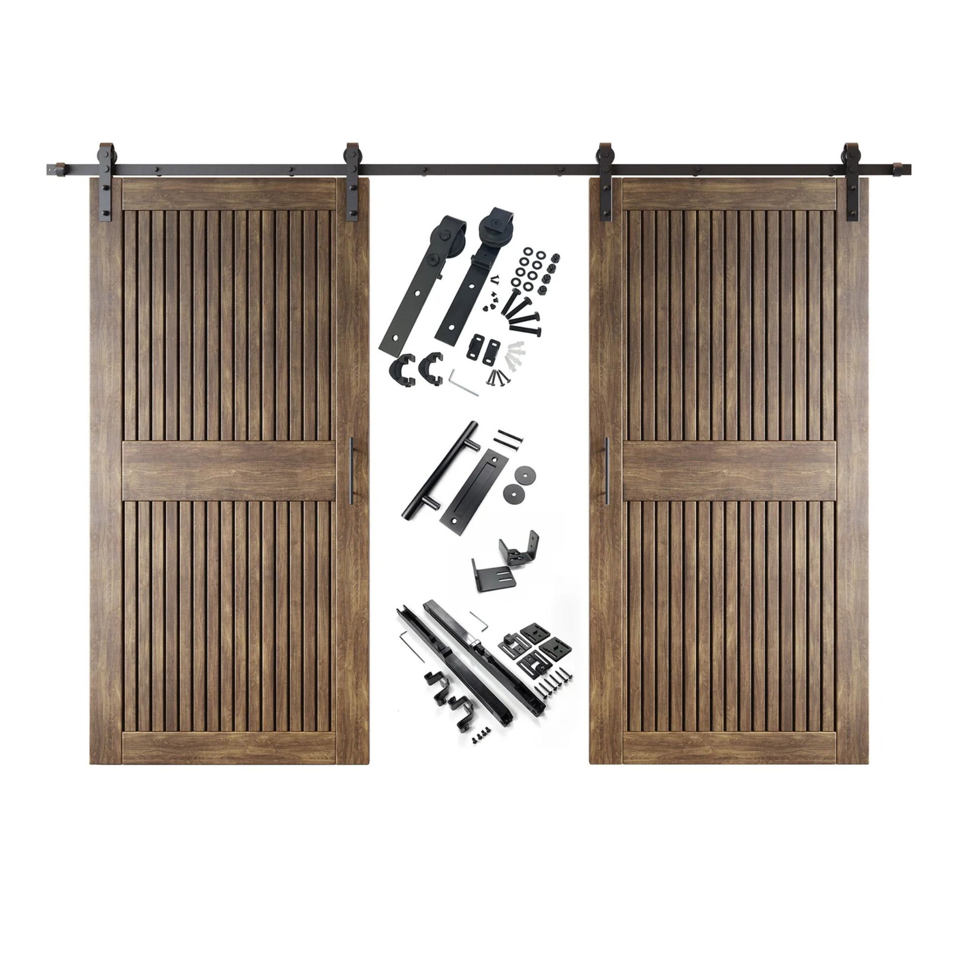 A complete double barn door kit featuring two dark walnut-stained vertical slat doors with horizontal middle rails, black sliding track, rollers, handles, and all mounting components displayed in the center.