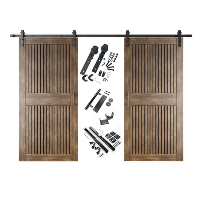 A complete double barn door kit featuring two dark walnut-stained vertical slat doors with horizontal middle rails, black sliding track, rollers, handles, and all mounting components displayed in the center.