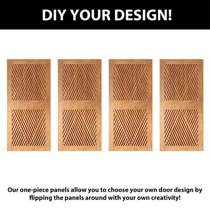 Four interchangeable, unassembled pine wood panels with slatted diamond designs, illustrating the ability to DIY and customize the final pattern by flipping the panels.