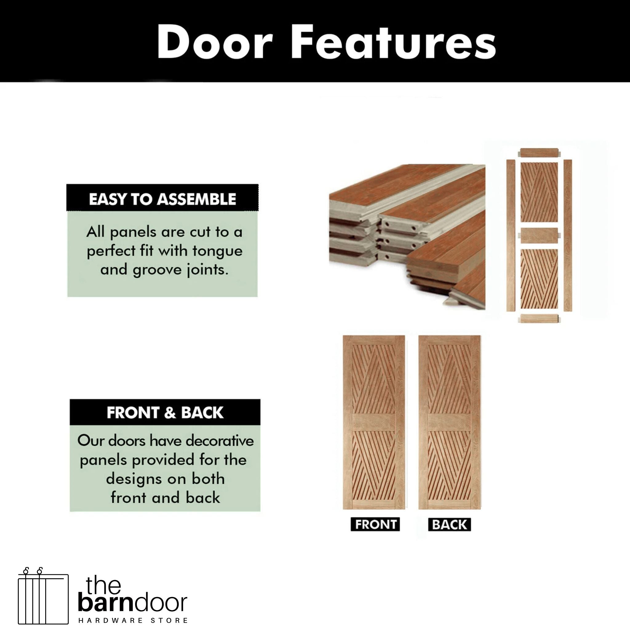 Infographic showing the Diamond Design door features, including easy tongue and groove assembly, and decorative paneling on both the front and back of the door.